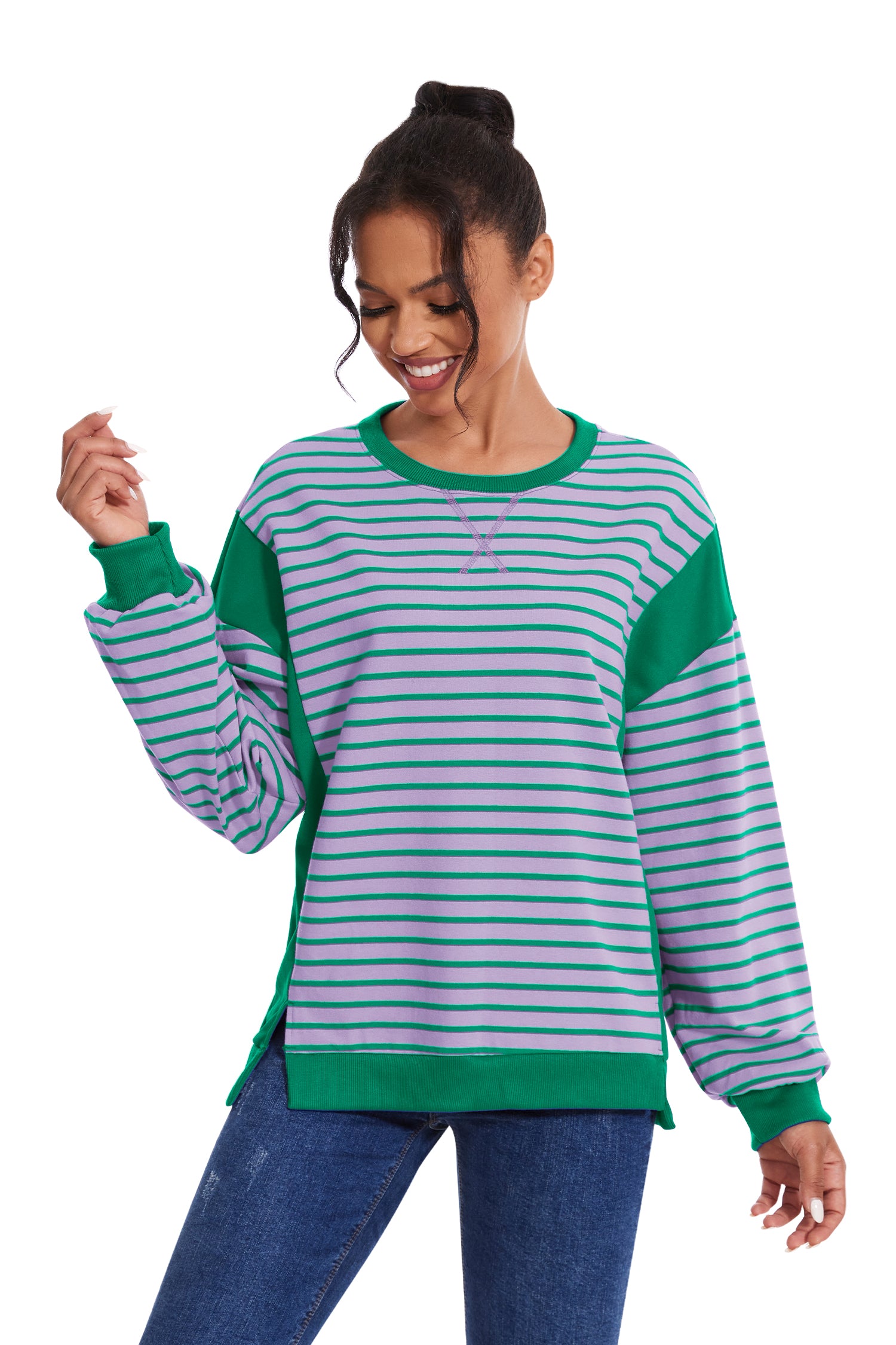 Cakulo Women's Striped Crewneck Sweatshirt with Split Hem