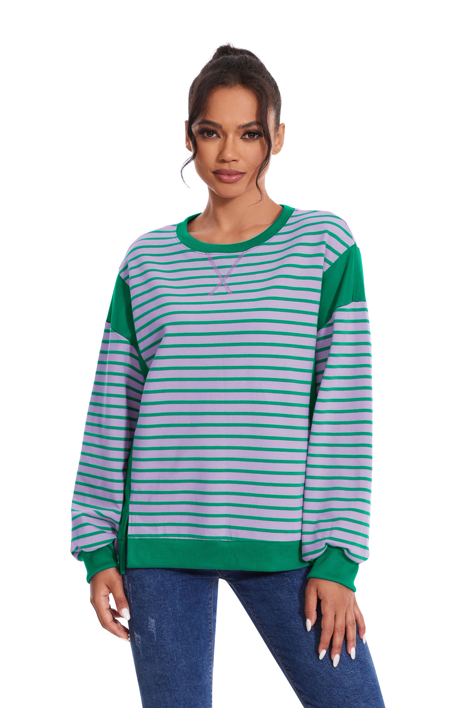 Cakulo Women's Striped Crewneck Sweatshirt with Split Hem