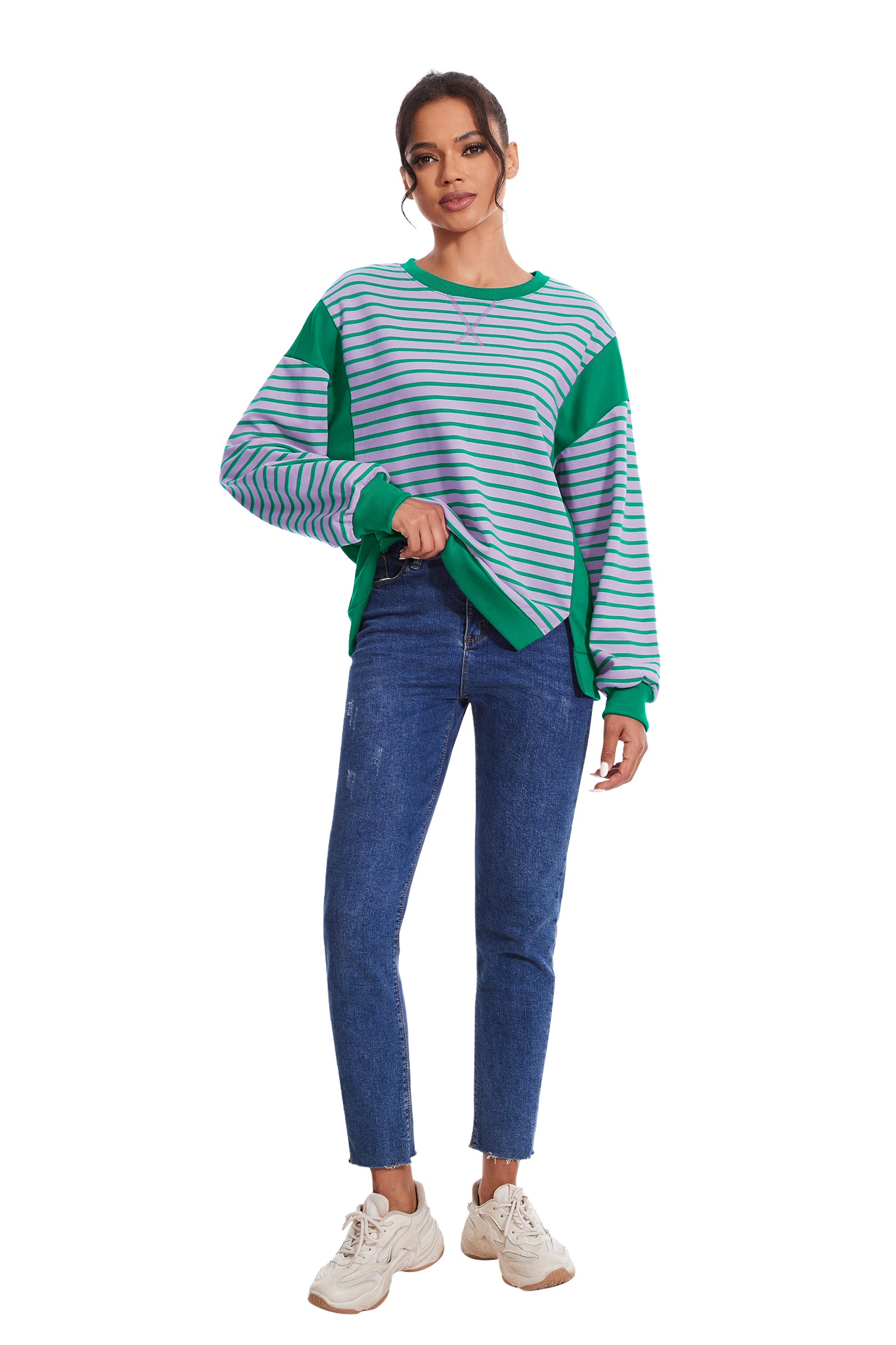 Cakulo Women's Striped Crewneck Sweatshirt with Split Hem