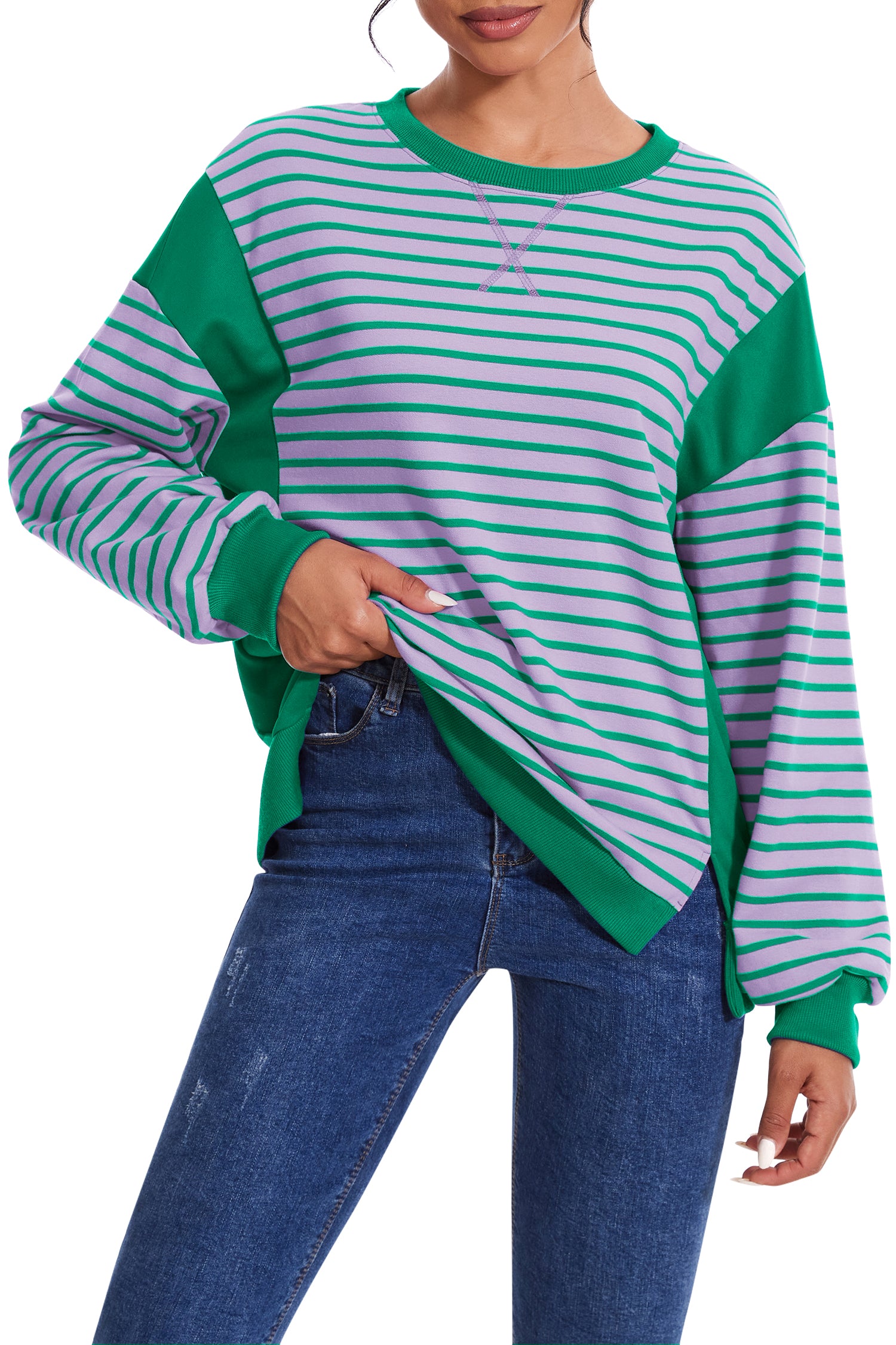 Cakulo Women's Striped Crewneck Sweatshirt with Split Hem
