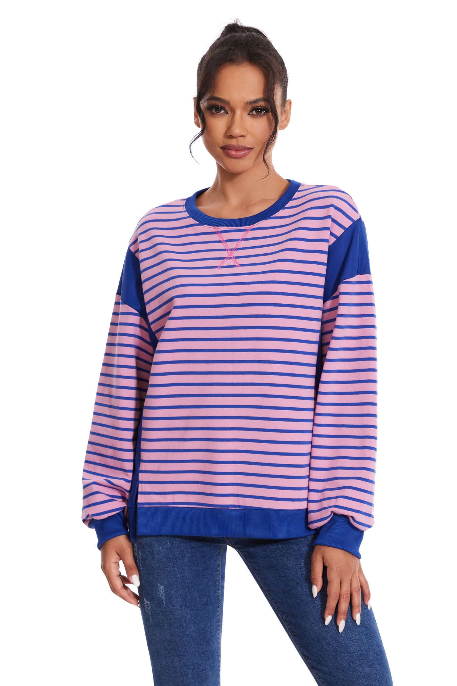 Cakulo Women's Striped Crewneck Sweatshirt with Split Hem