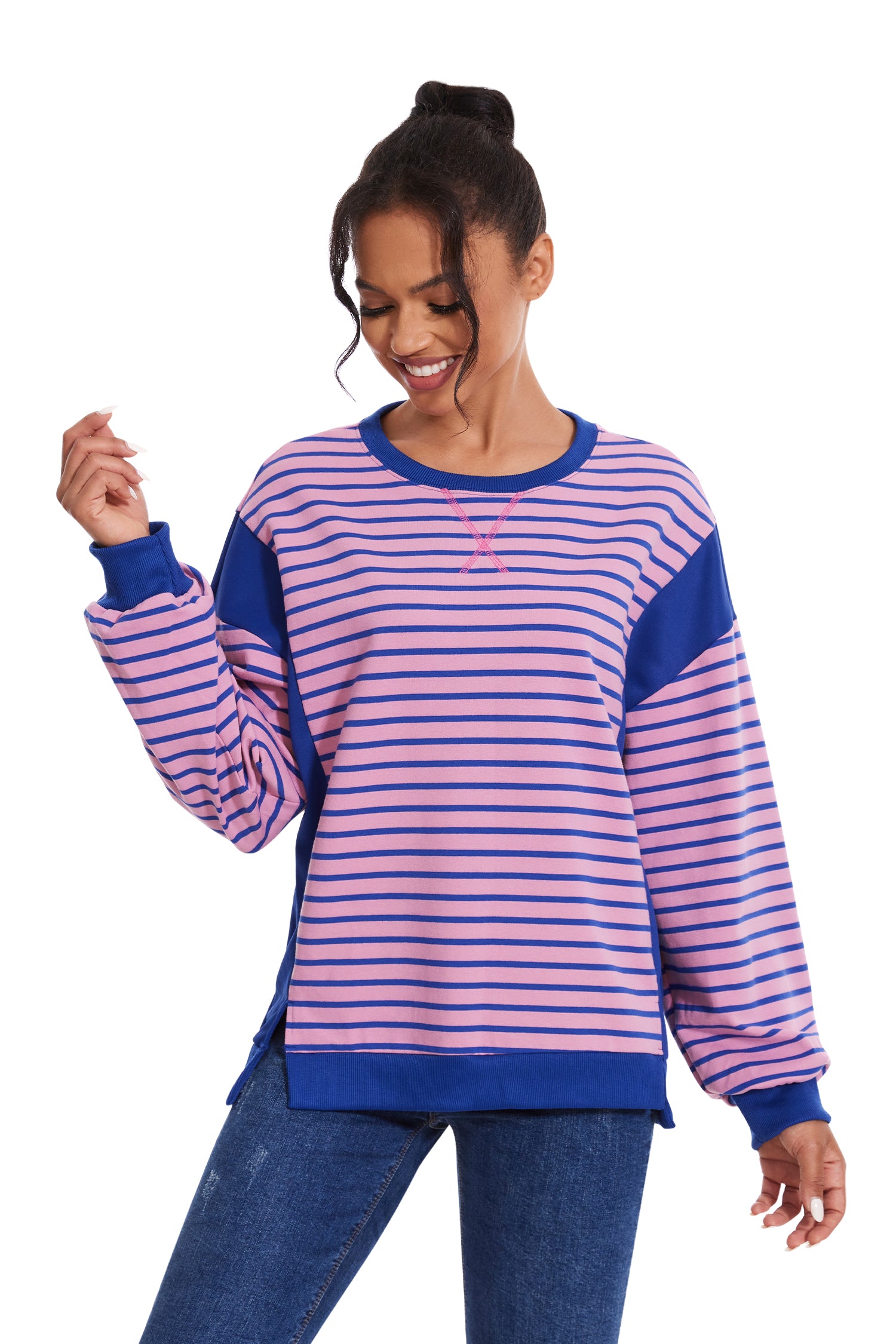 Cakulo Women's Striped Crewneck Sweatshirt with Split Hem