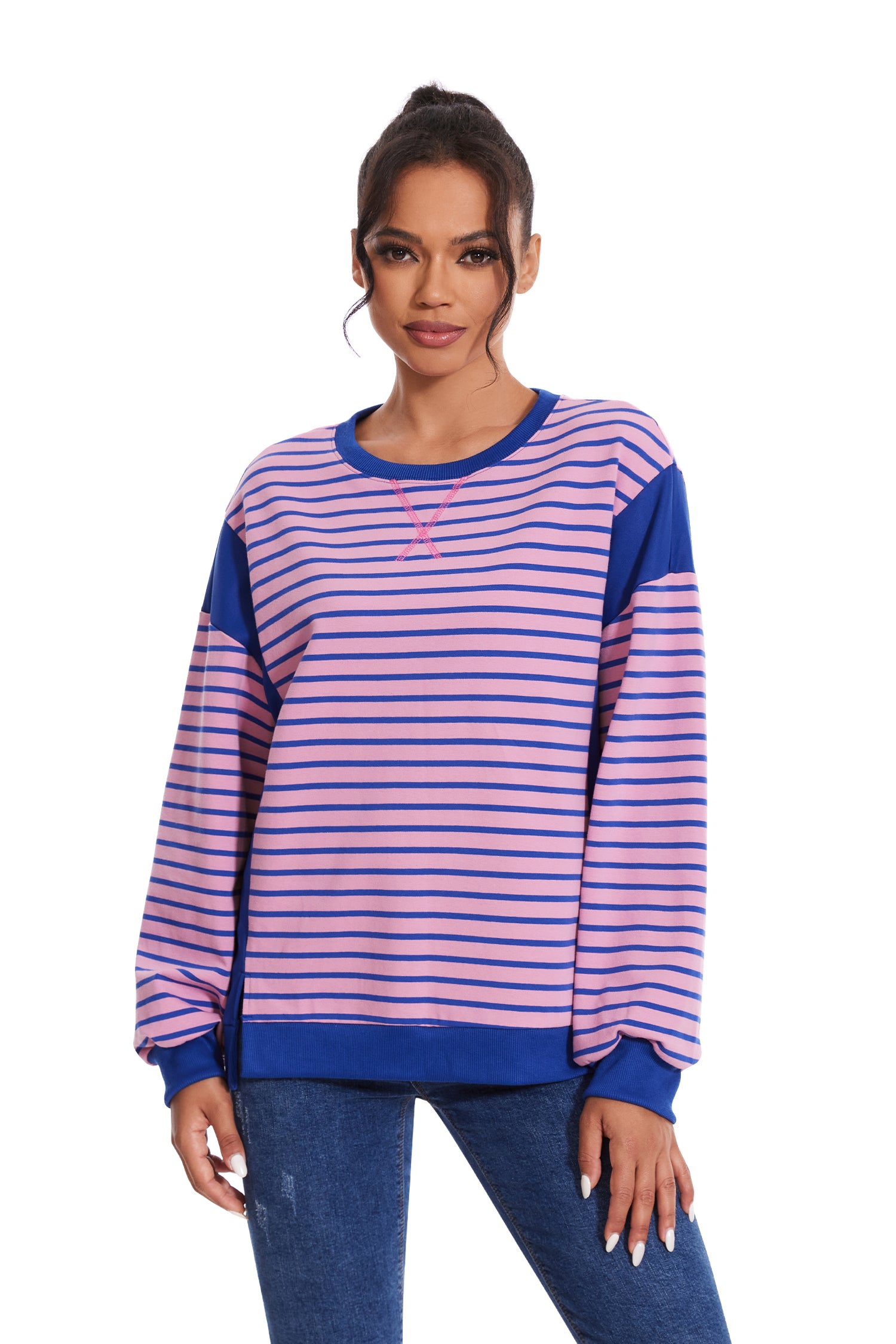 Cakulo Women's Striped Crewneck Sweatshirt with Split Hem