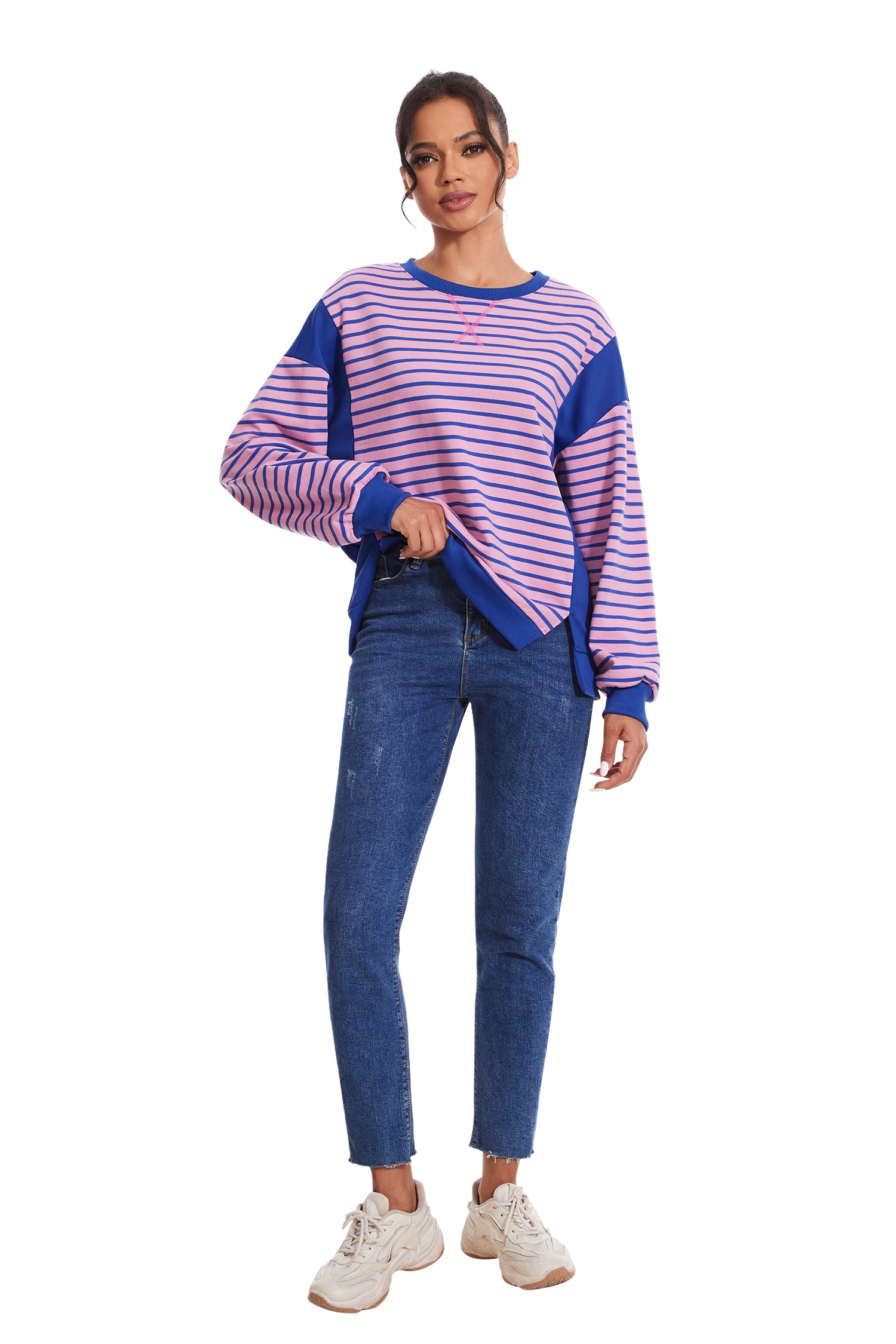 Cakulo Women's Striped Crewneck Sweatshirt with Split Hem
