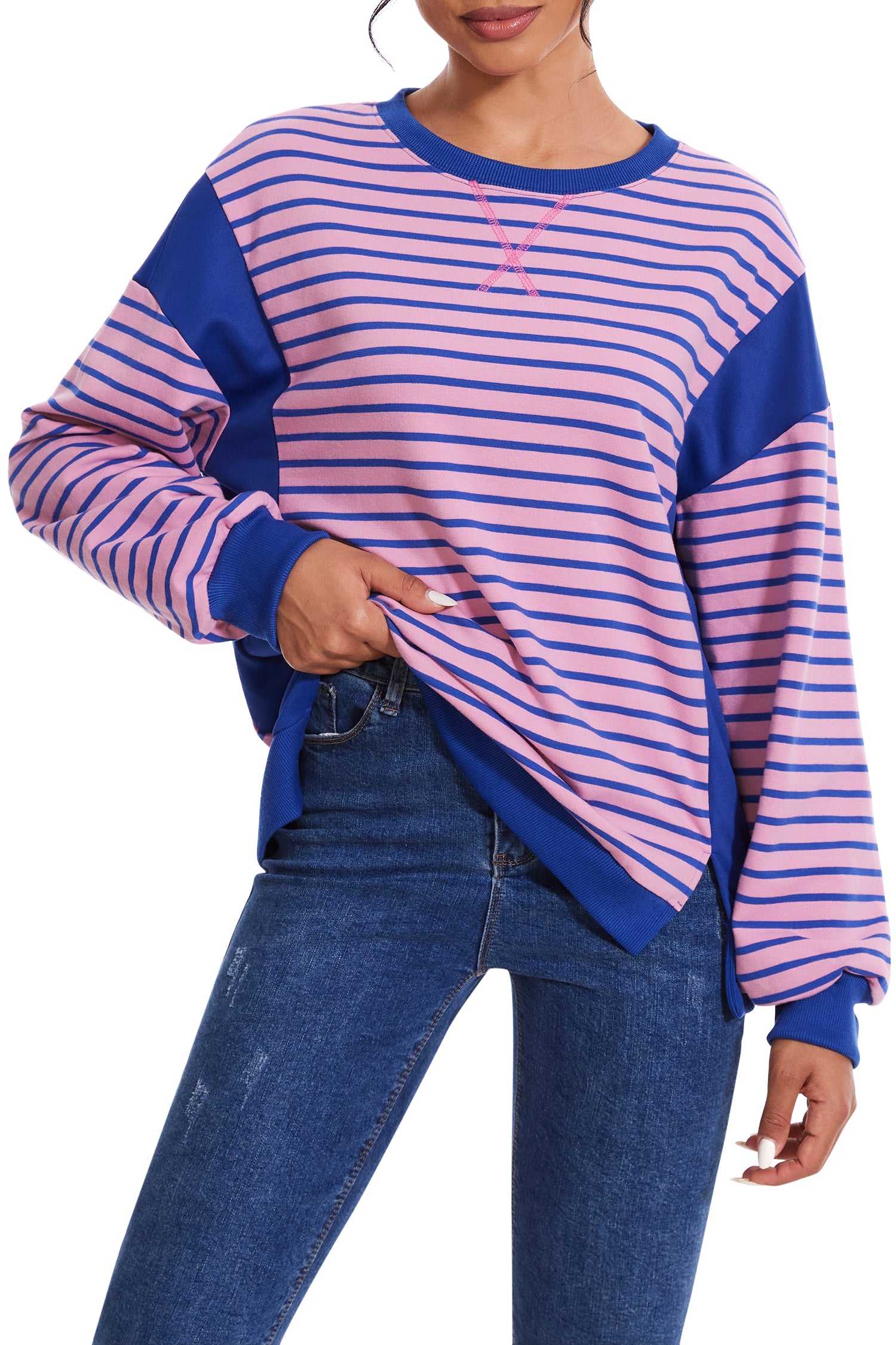 Cakulo Women's Striped Crewneck Sweatshirt with Split Hem