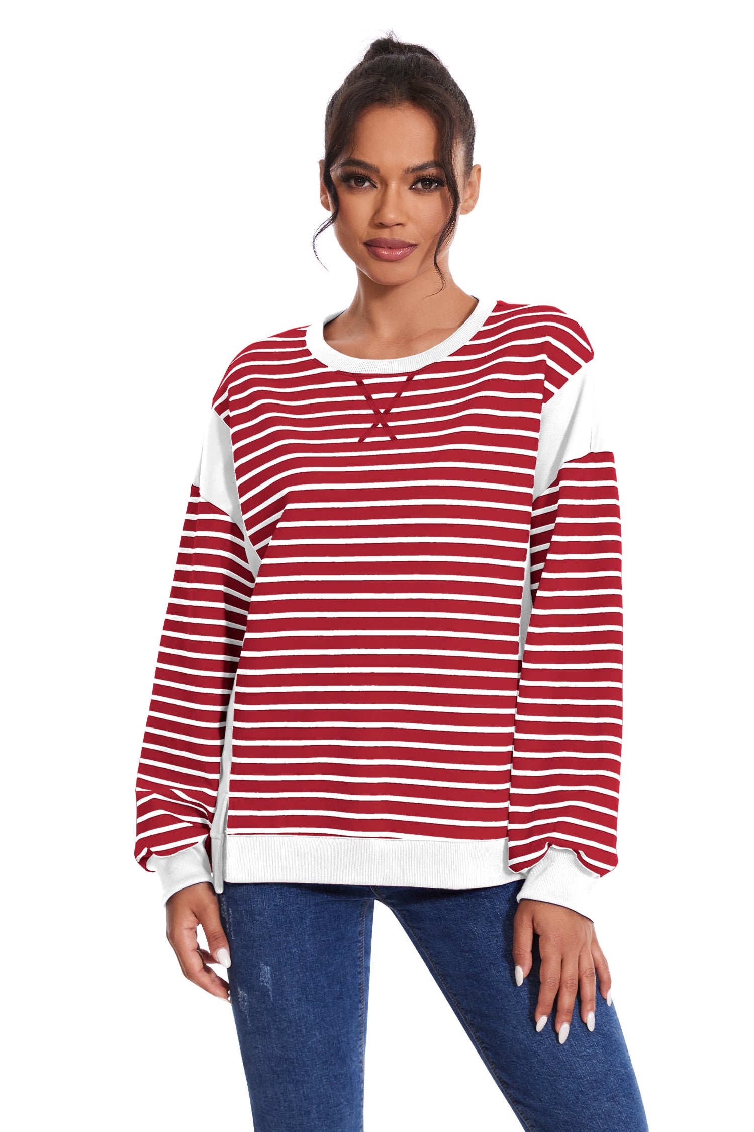 Cakulo Women's Striped Crewneck Sweatshirt with Split Hem