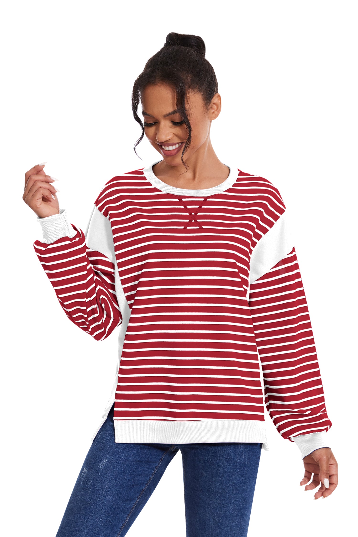 Cakulo Women's Striped Crewneck Sweatshirt with Split Hem
