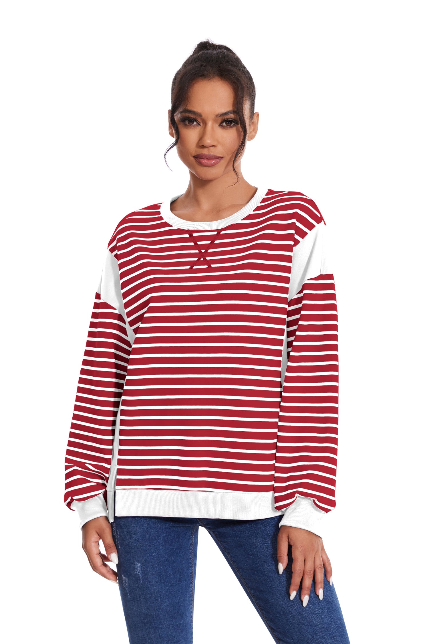 Cakulo Women's Striped Crewneck Sweatshirt with Split Hem