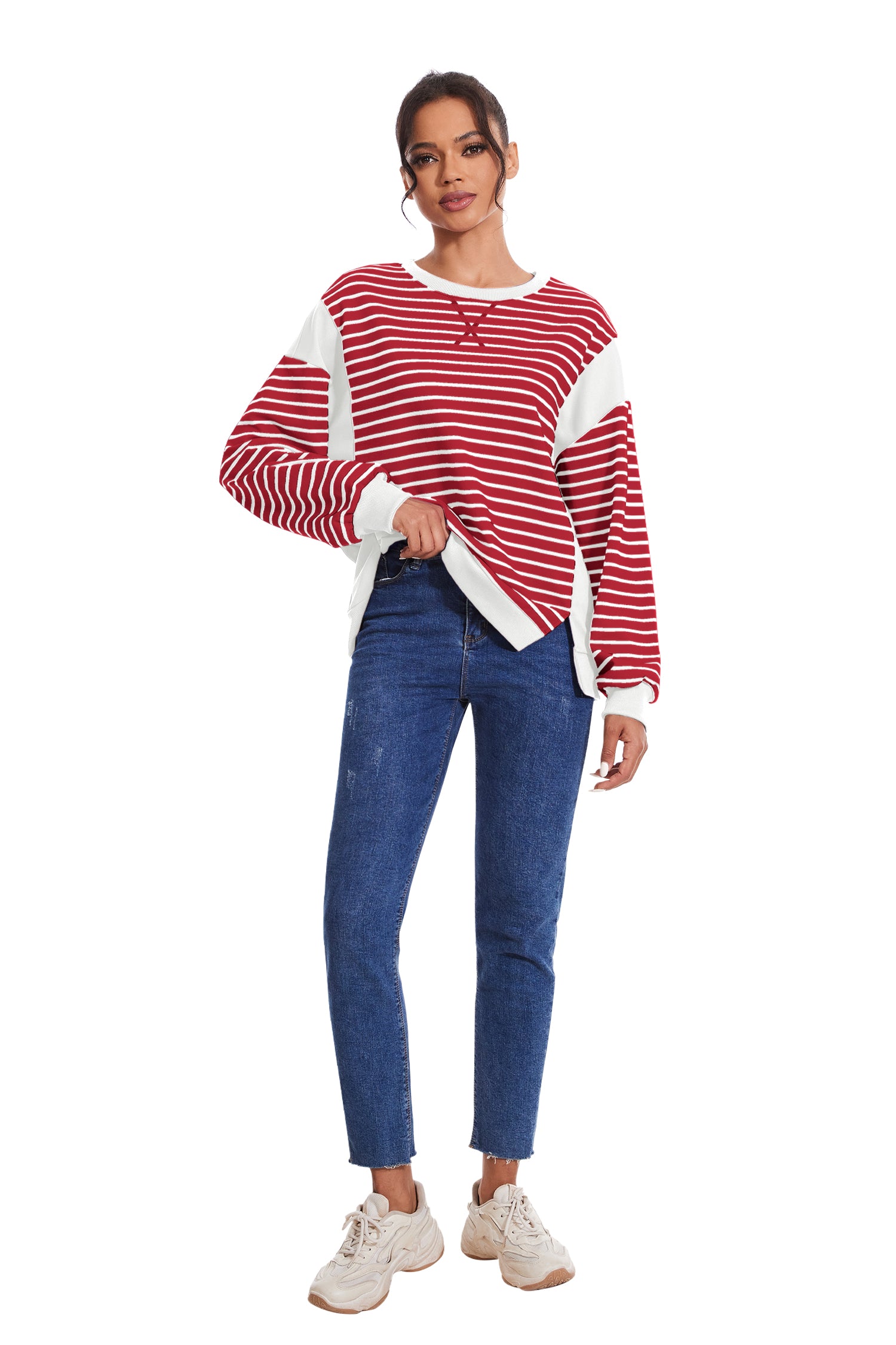 Cakulo Women's Striped Crewneck Sweatshirt with Split Hem