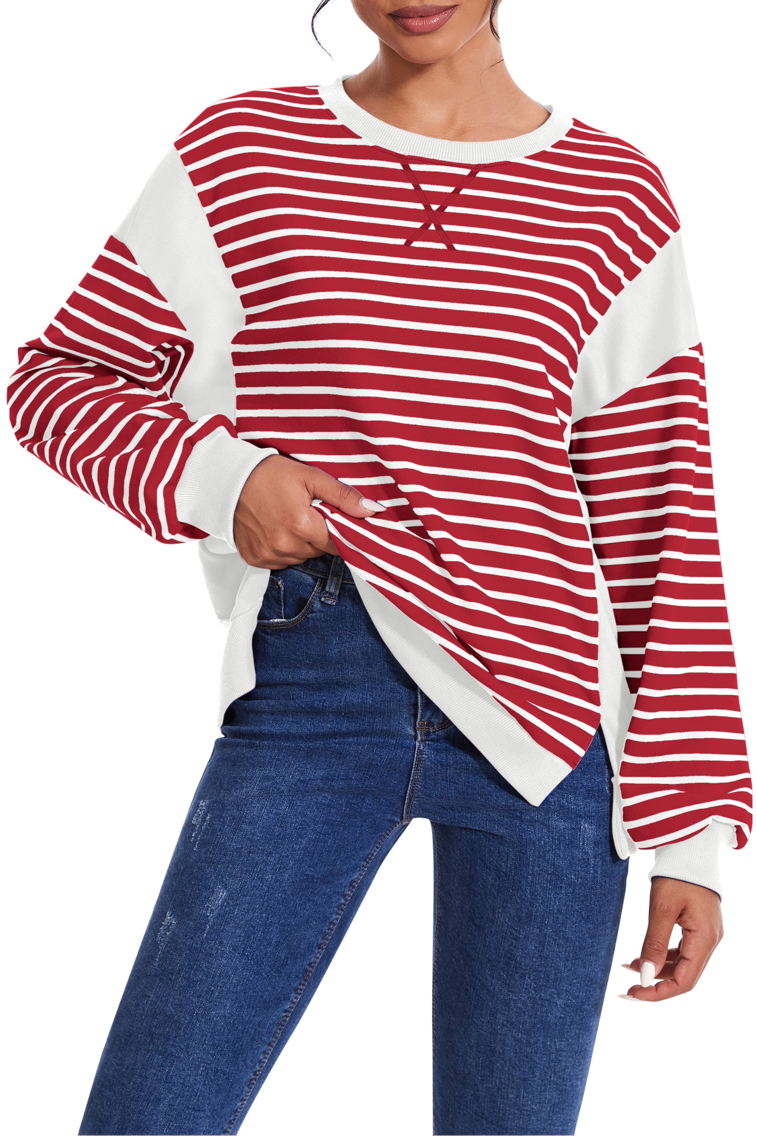 Cakulo Women's Striped Crewneck Sweatshirt with Split Hem