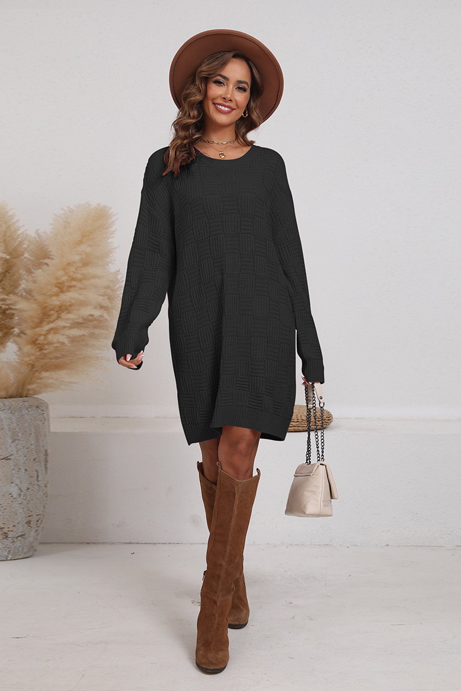 Cakulo Women's Oversized Checkered Sweater Dress