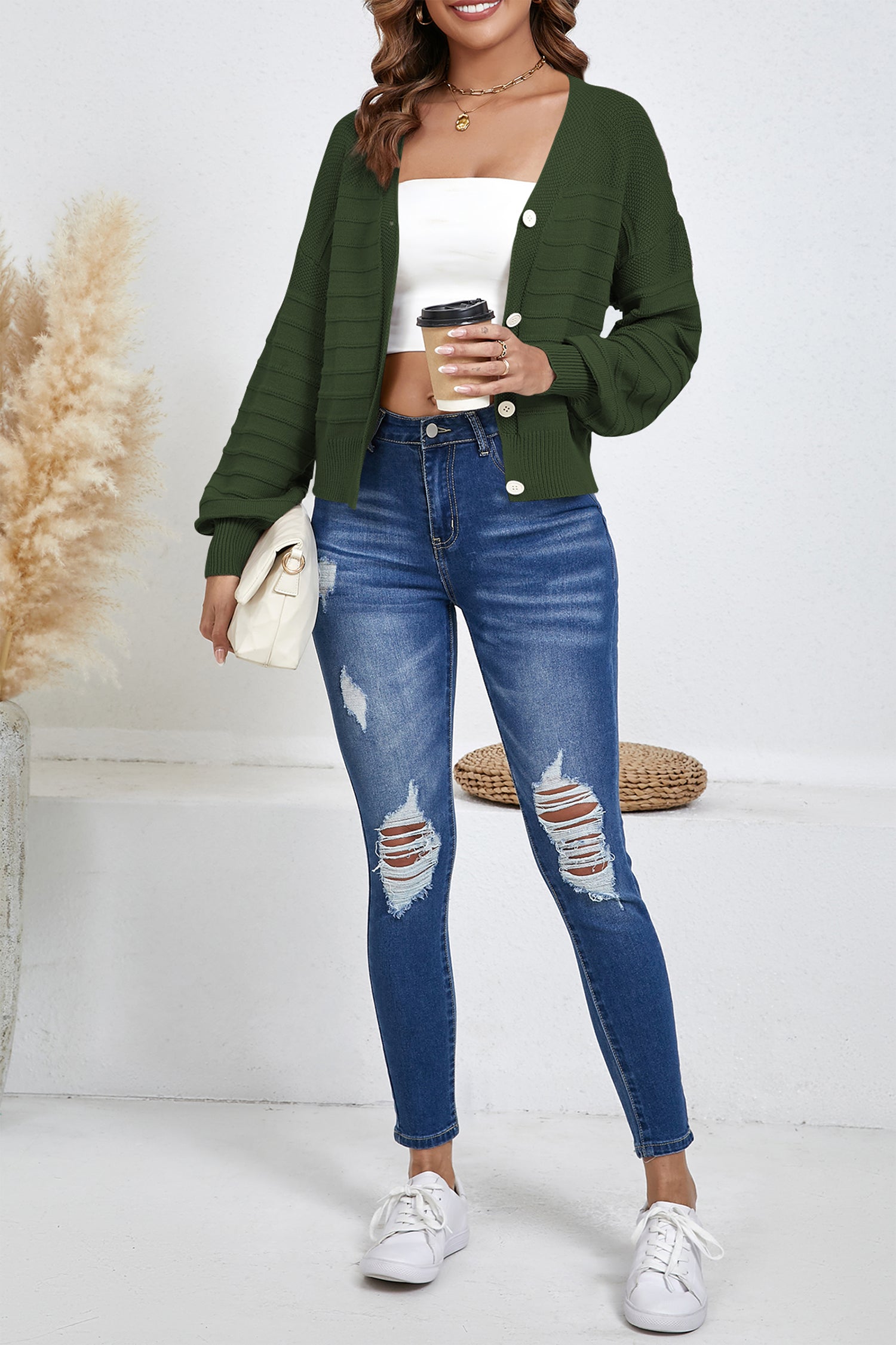 Cakulo Women's Cropped V Neck Button down Cardigan Sweaters