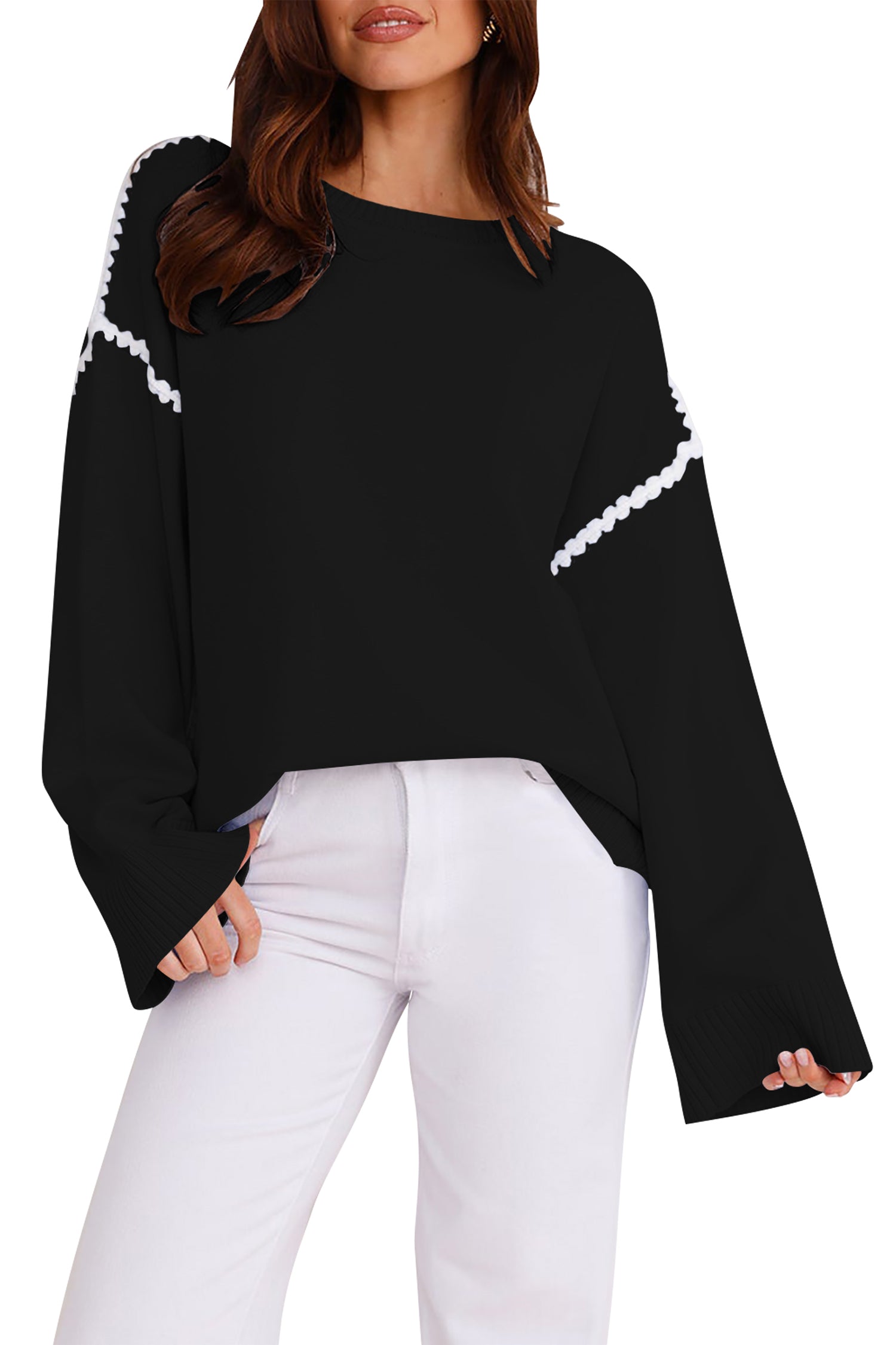 Cakulo Women's Oversized Sweaters Loose Fit Fall Crewneck Color Block Knit Pullover Sweater Tops