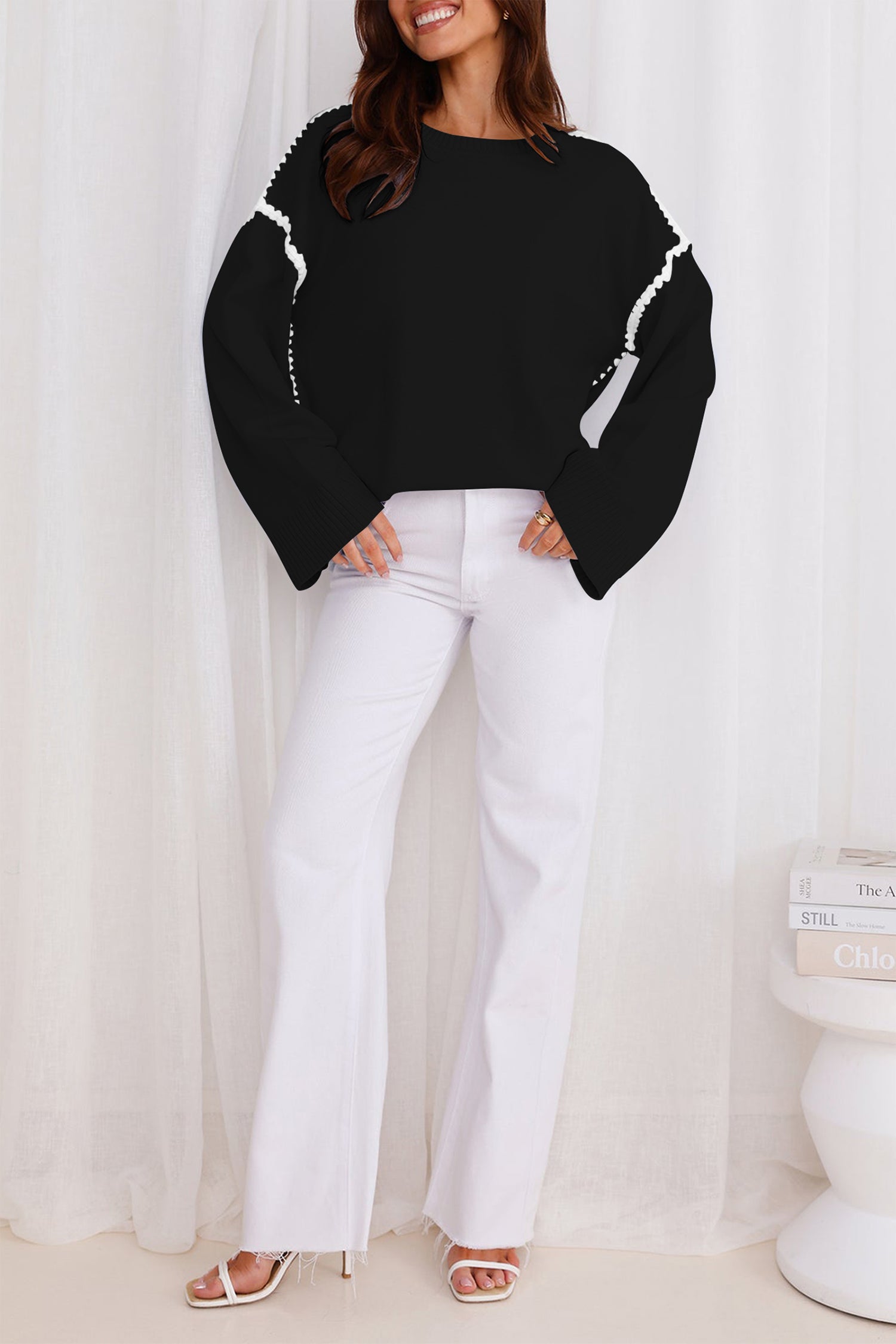 Cakulo Women's Oversized Sweaters Loose Fit Fall Crewneck Color Block Knit Pullover Sweater Tops