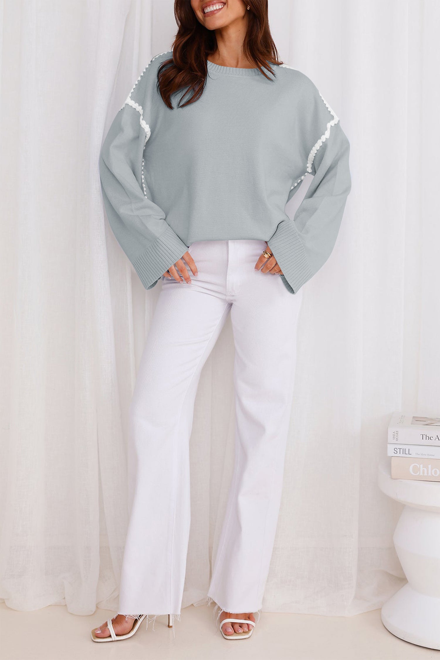 Cakulo Women's Oversized Sweaters Loose Fit Fall Crewneck Color Block Knit Pullover Sweater Tops