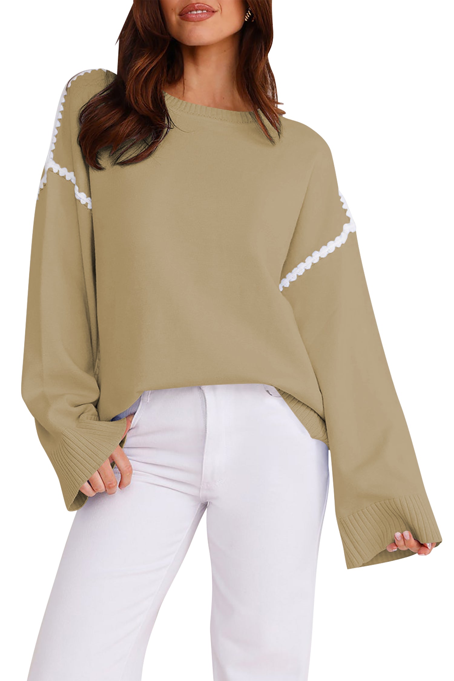Cakulo Women's Oversized Sweaters Loose Fit Fall Crewneck Color Block Knit Pullover Sweater Tops