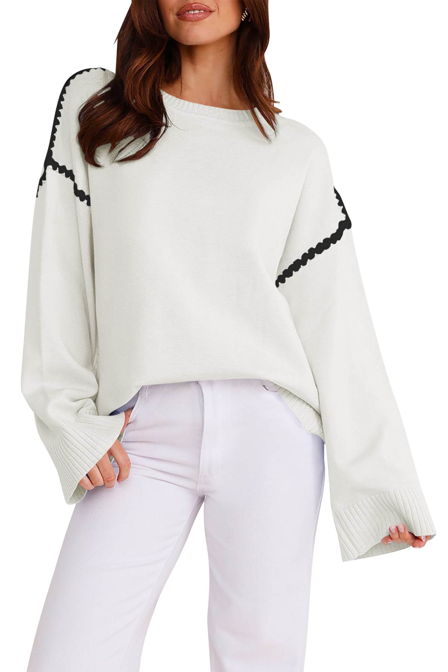 Cakulo Women's Oversized Sweaters Loose Fit Fall Crewneck Color Block Knit Pullover Sweater Tops