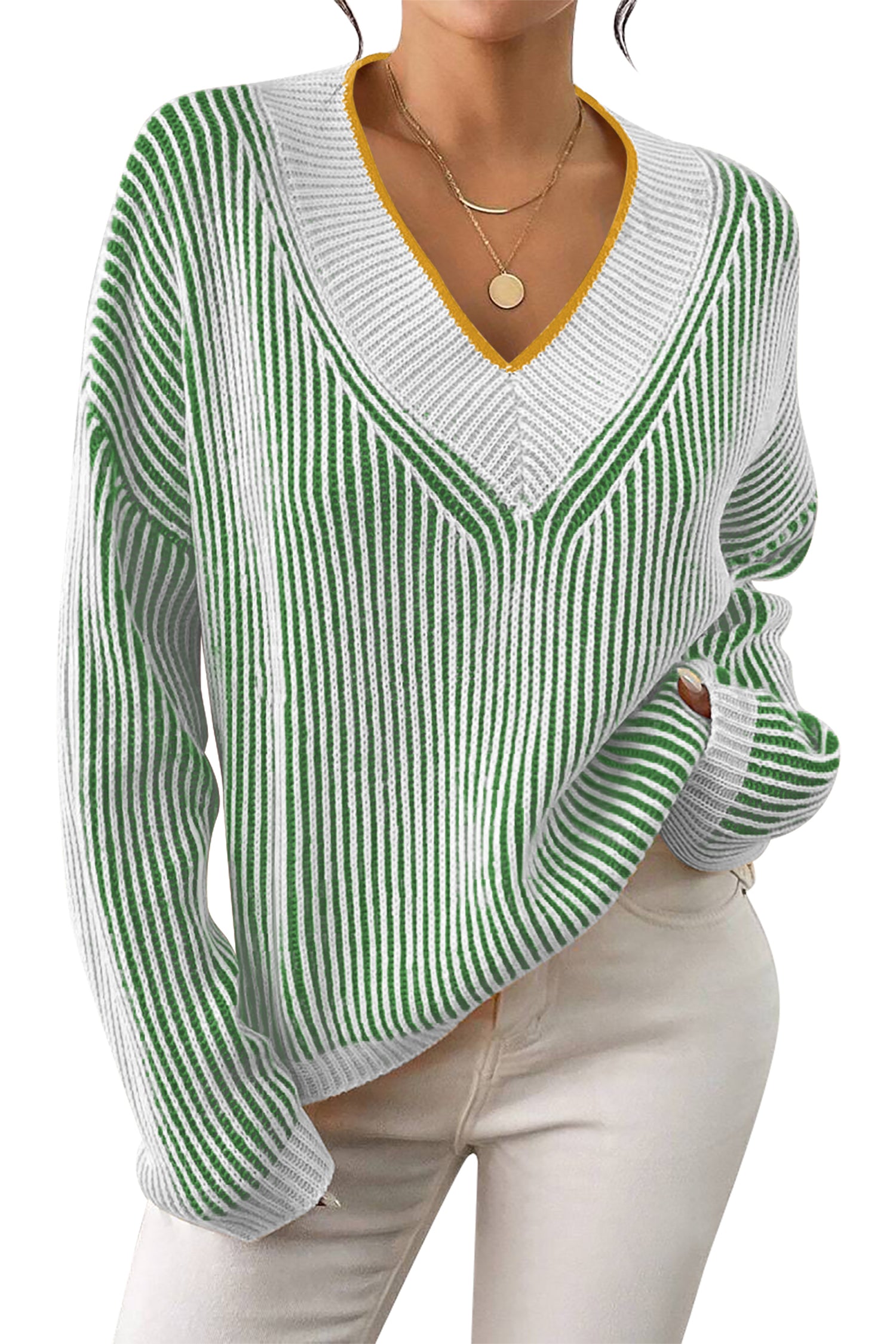 Cakulo Women's Fall Oversized Striped V-Neck Knit Sweater