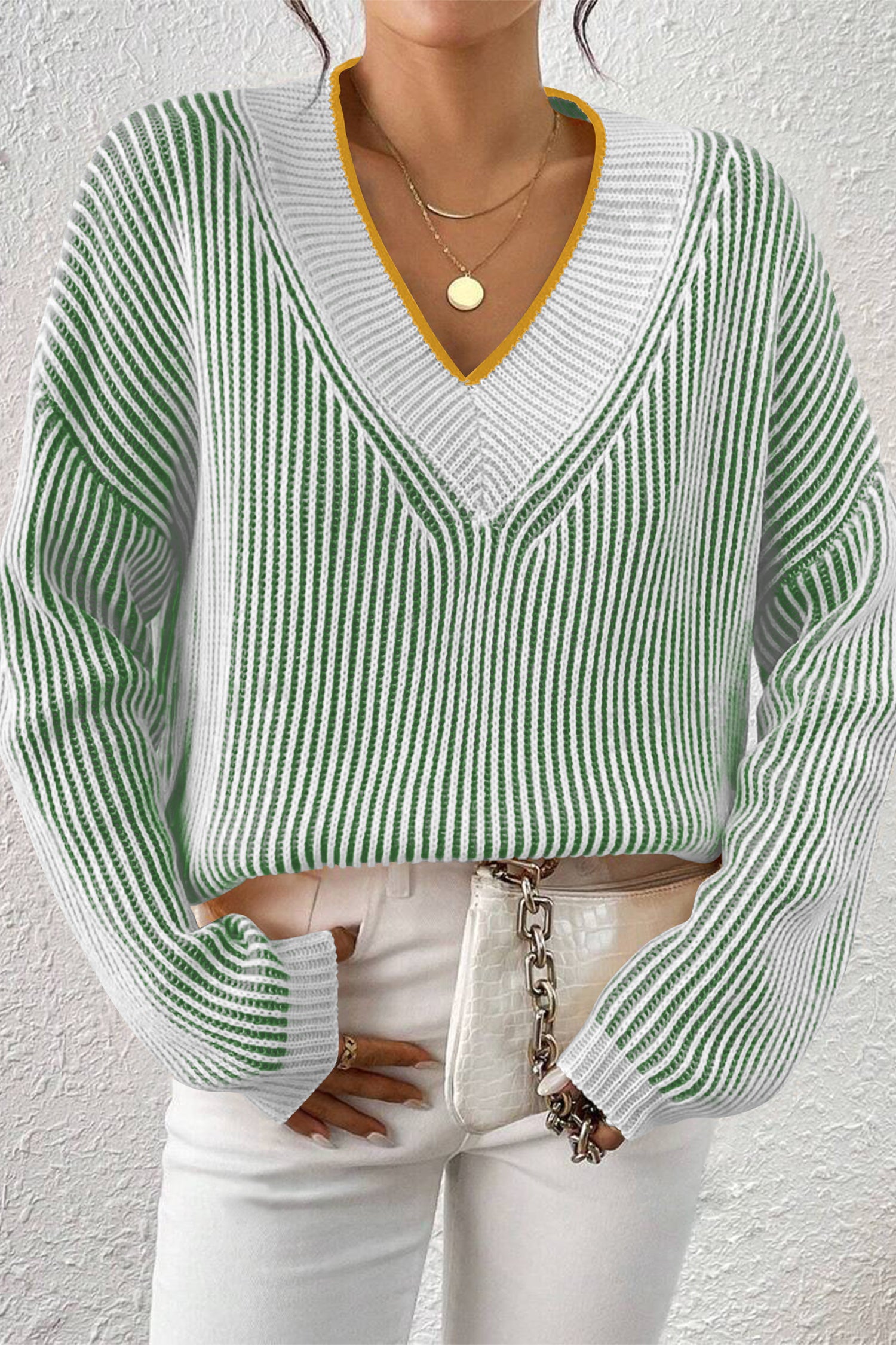 Cakulo Women's Fall Oversized Striped V-Neck Knit Sweater