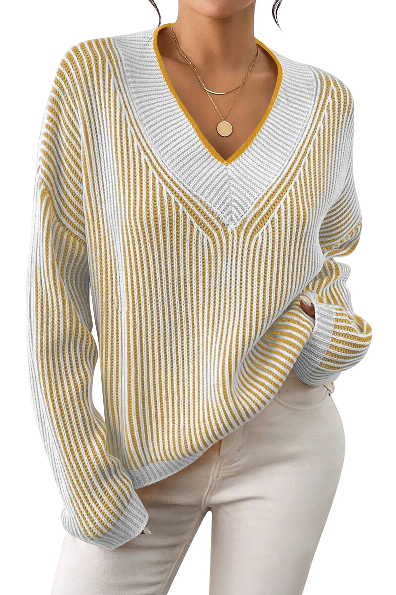 Cakulo Women's Fall Oversized Striped V-Neck Knit Sweater