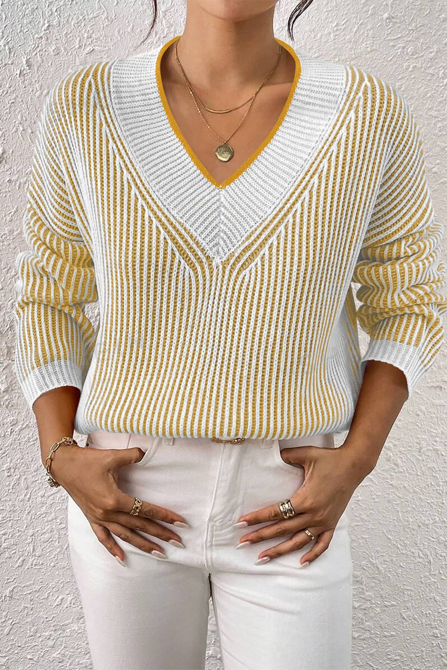 Cakulo Women's Fall Oversized Striped V-Neck Knit Sweater