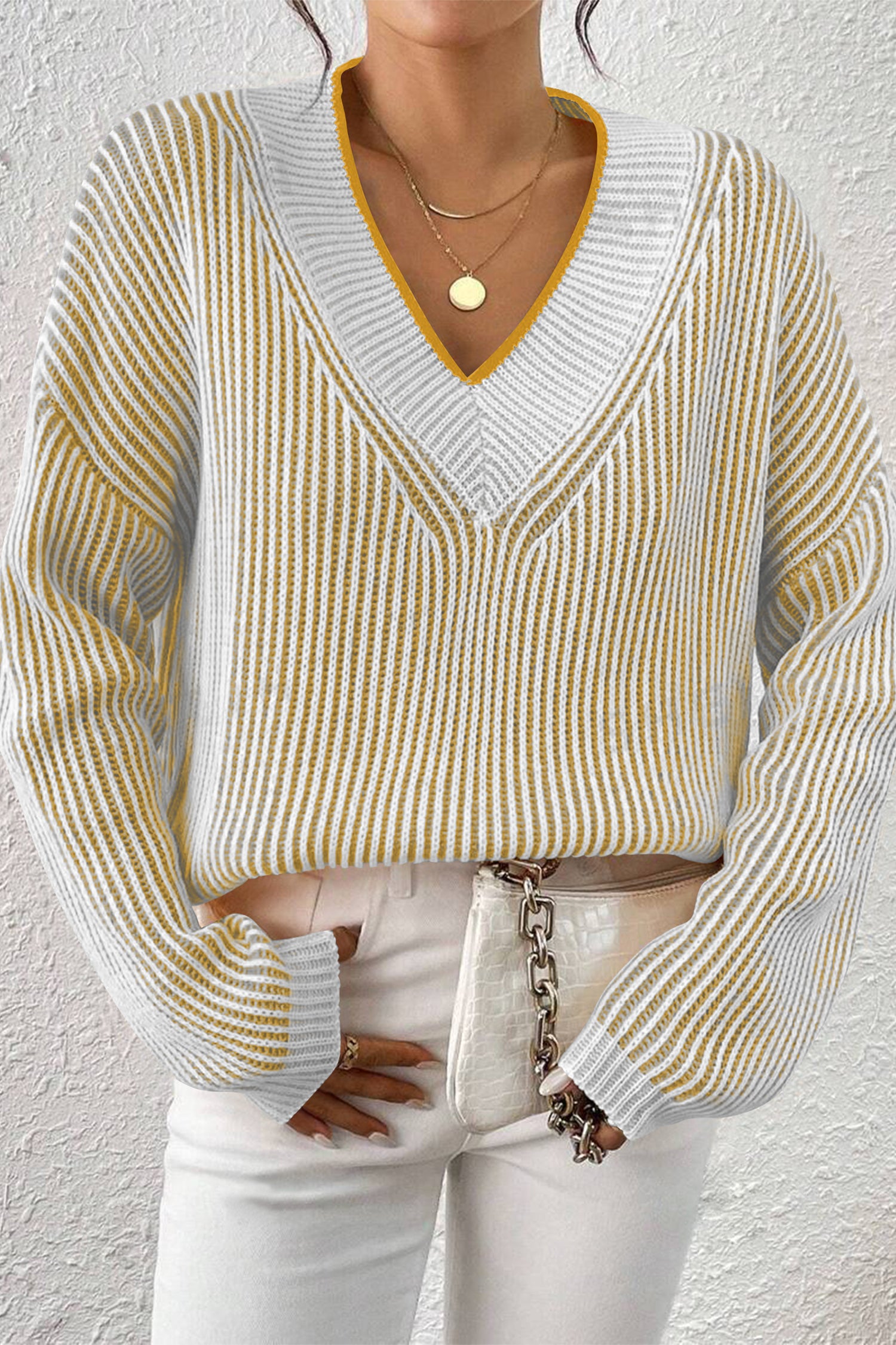 Cakulo Women's Fall Oversized Striped V-Neck Knit Sweater