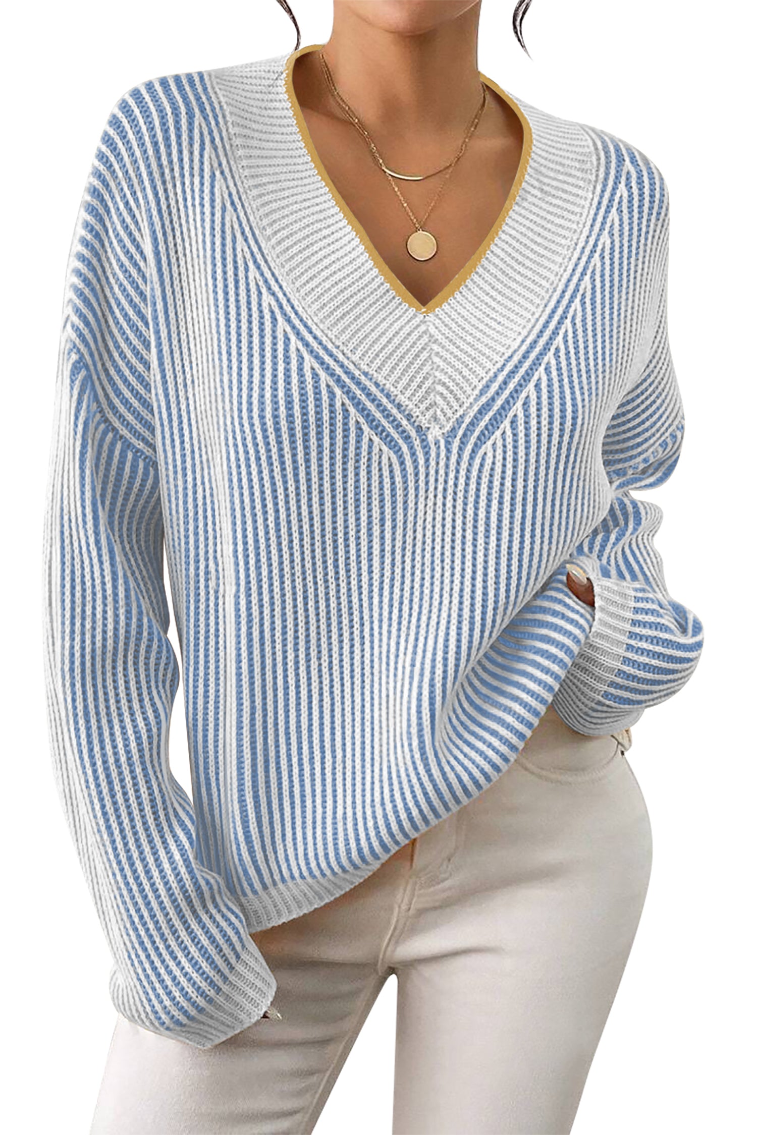 Cakulo Women's Fall Oversized Striped V-Neck Knit Sweater