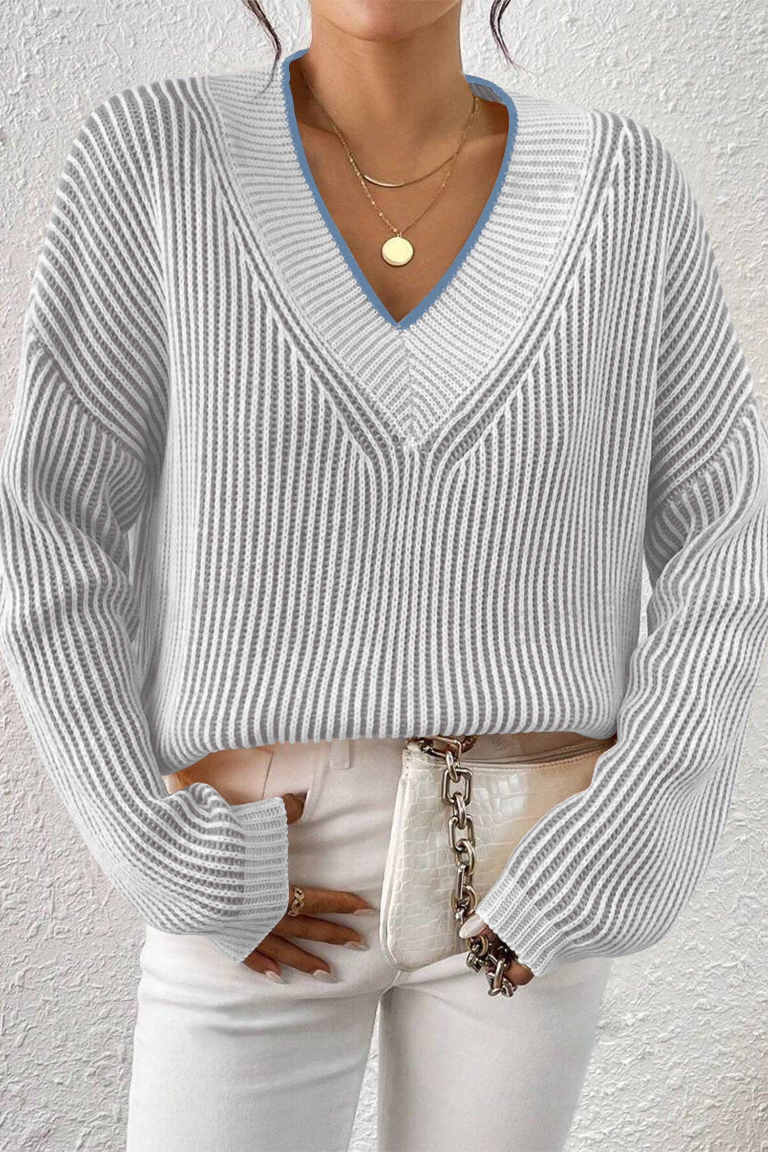 Cakulo Women's Fall Oversized Striped V-Neck Knit Sweater