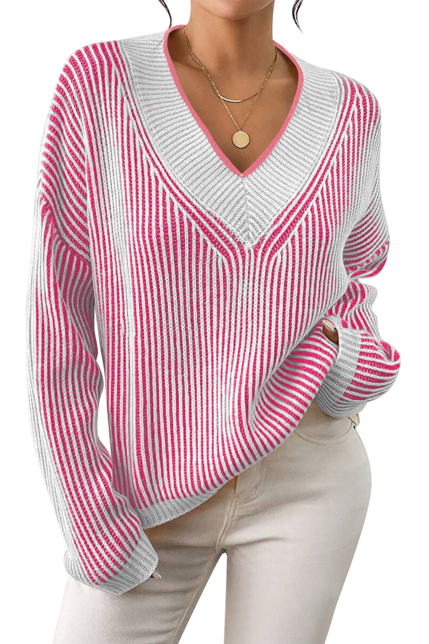 Cakulo Women's Fall Oversized Striped V-Neck Knit Sweater