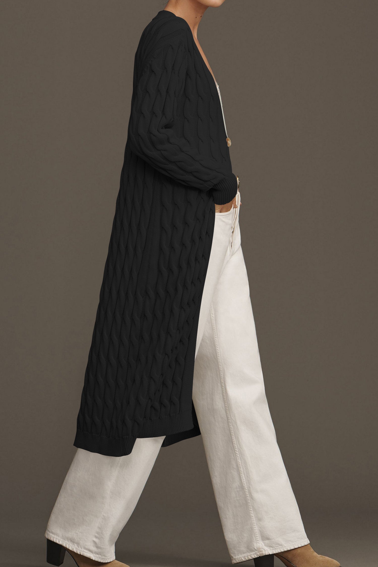 Cakulo Women's Long Cable Knit Front-Open Cardigan Sweater Coat