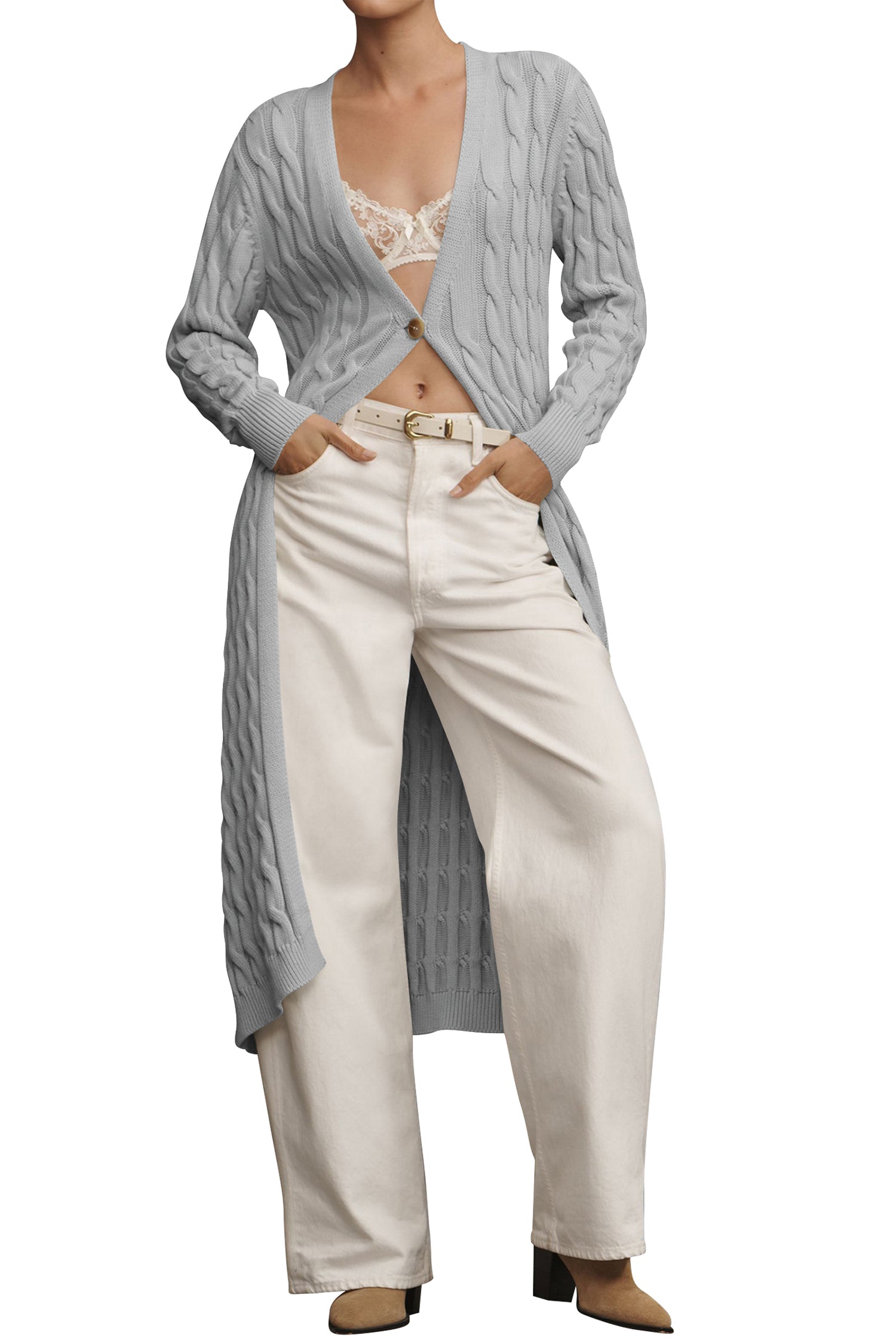 Cakulo Women's Long Cable Knit Front-Open Cardigan Sweater Coat