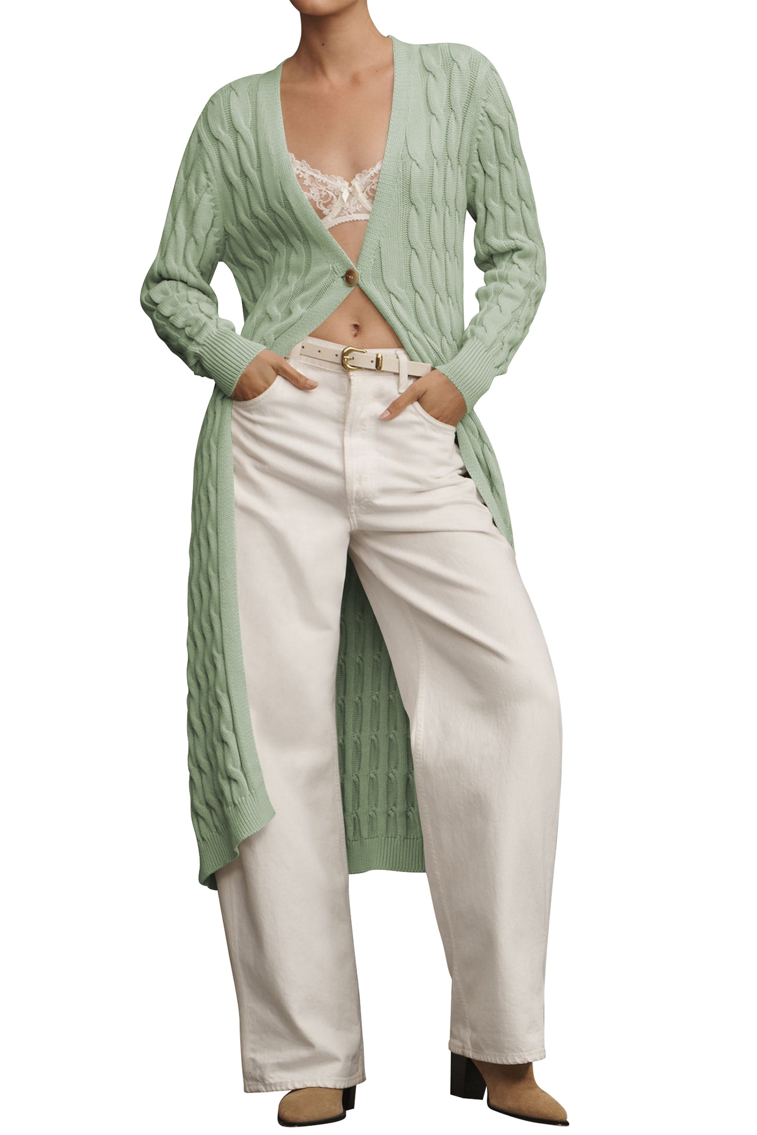 Cakulo Women's Long Cable Knit Front-Open Cardigan Sweater Coat