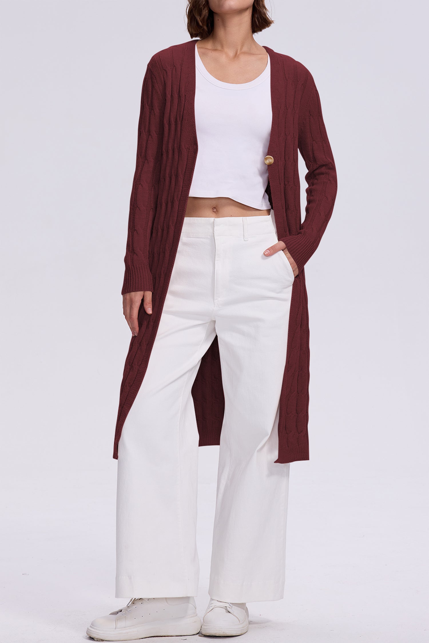 Cakulo Women's Long Cable Knit Front-Open Cardigan Sweater Coat