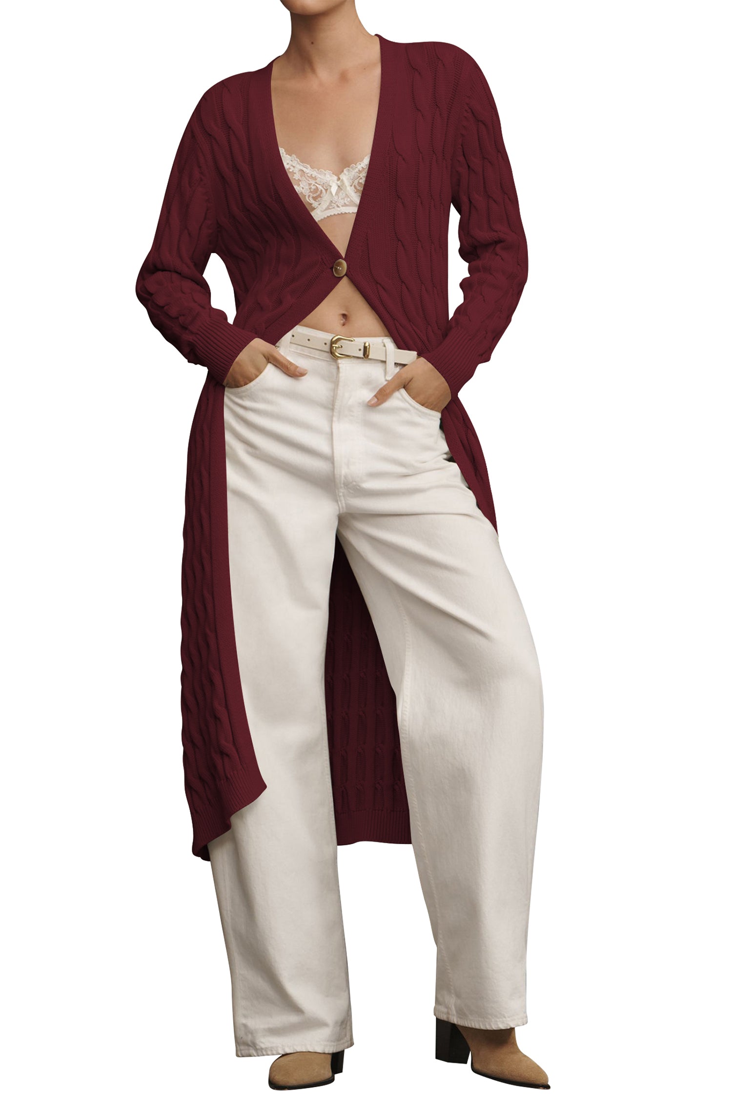 Cakulo Women's Long Cable Knit Front-Open Cardigan Sweater Coat