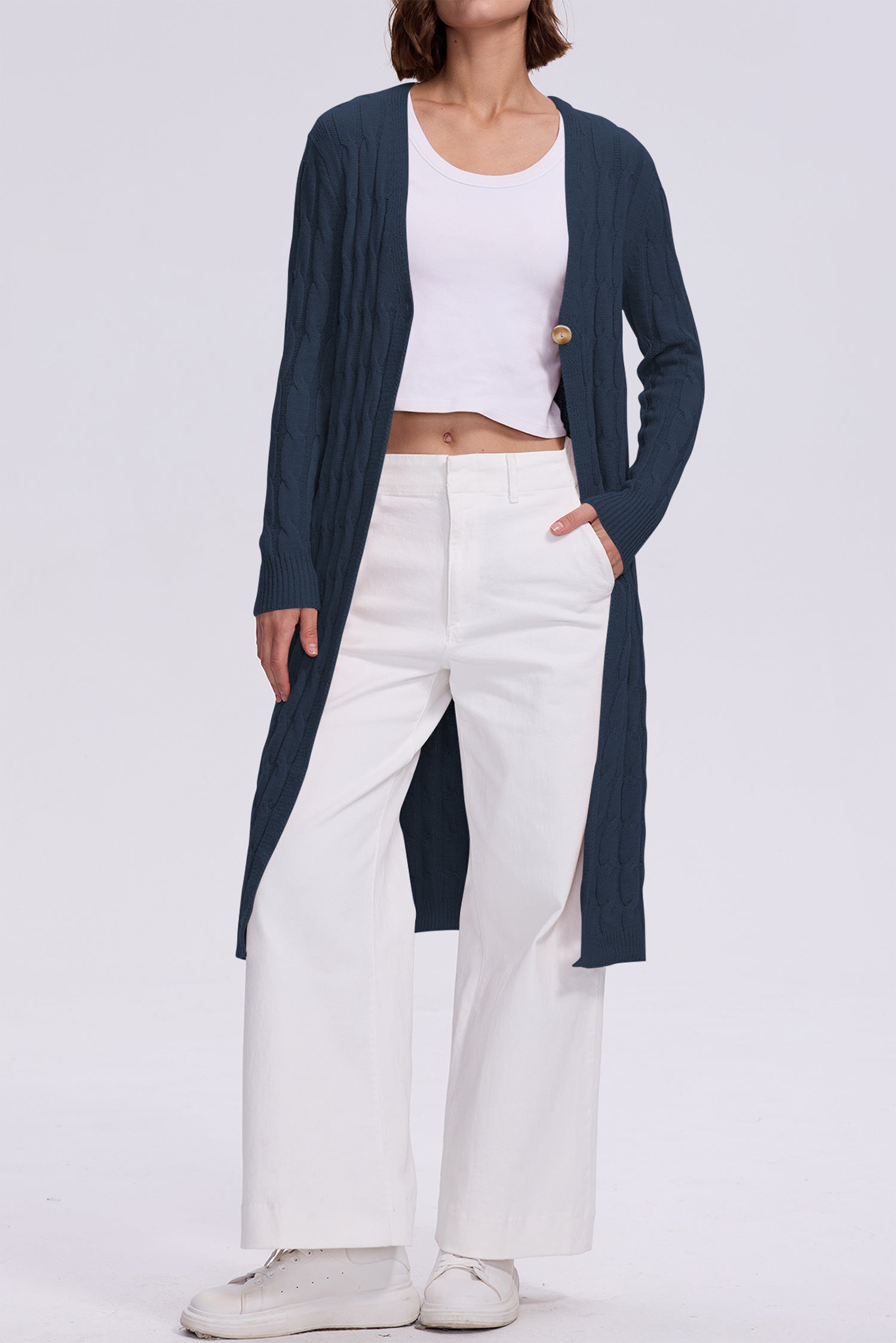 Cakulo Women's Long Cable Knit Front-Open Cardigan Sweater Coat