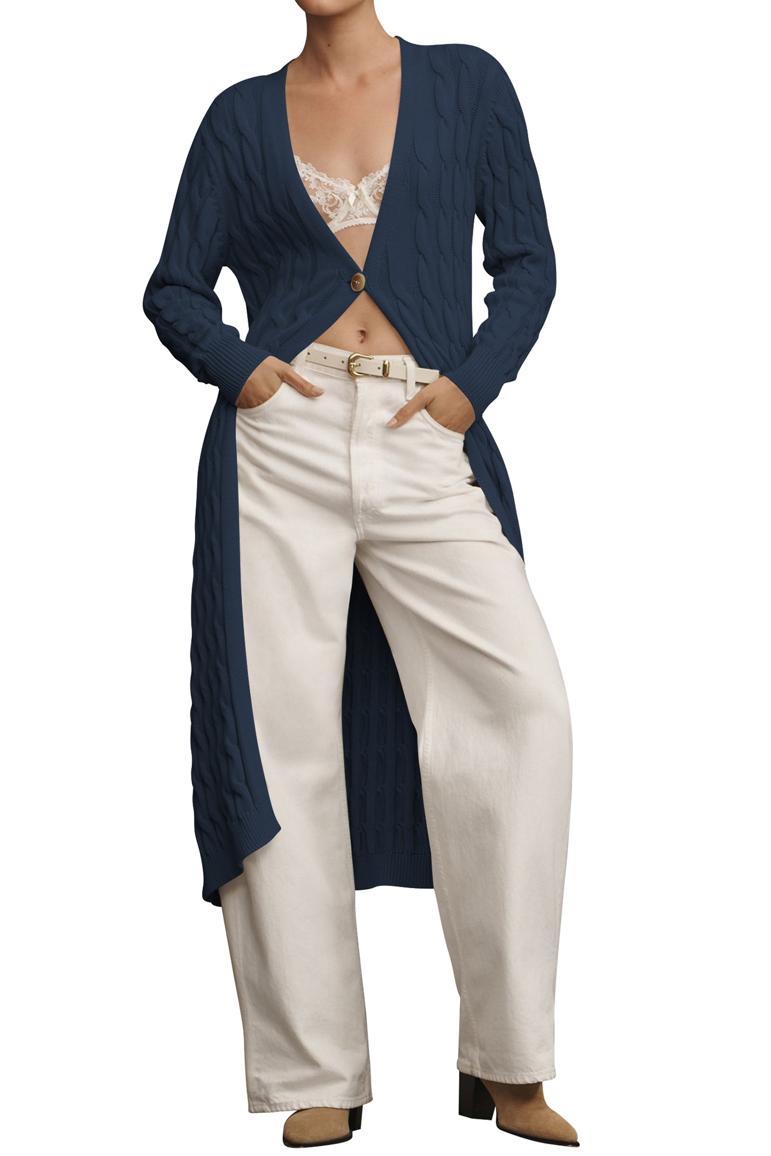 Cakulo Women's Long Cable Knit Front-Open Cardigan Sweater Coat
