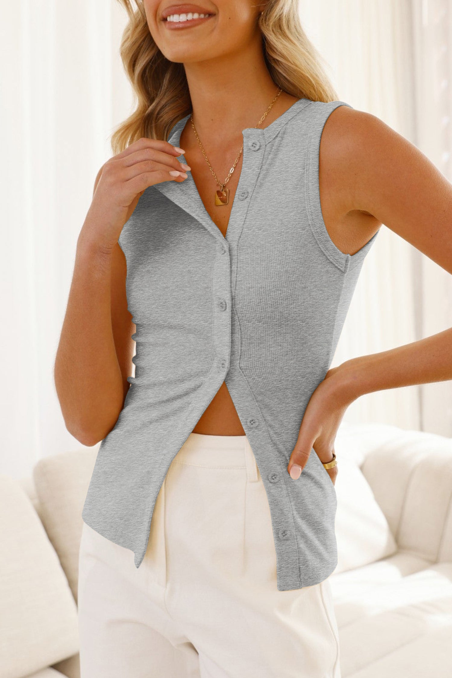 Cakulo Women Slim Fitted Summer Cardigan Sleeveless Button Down Shirt Ribbed Knit Tops
