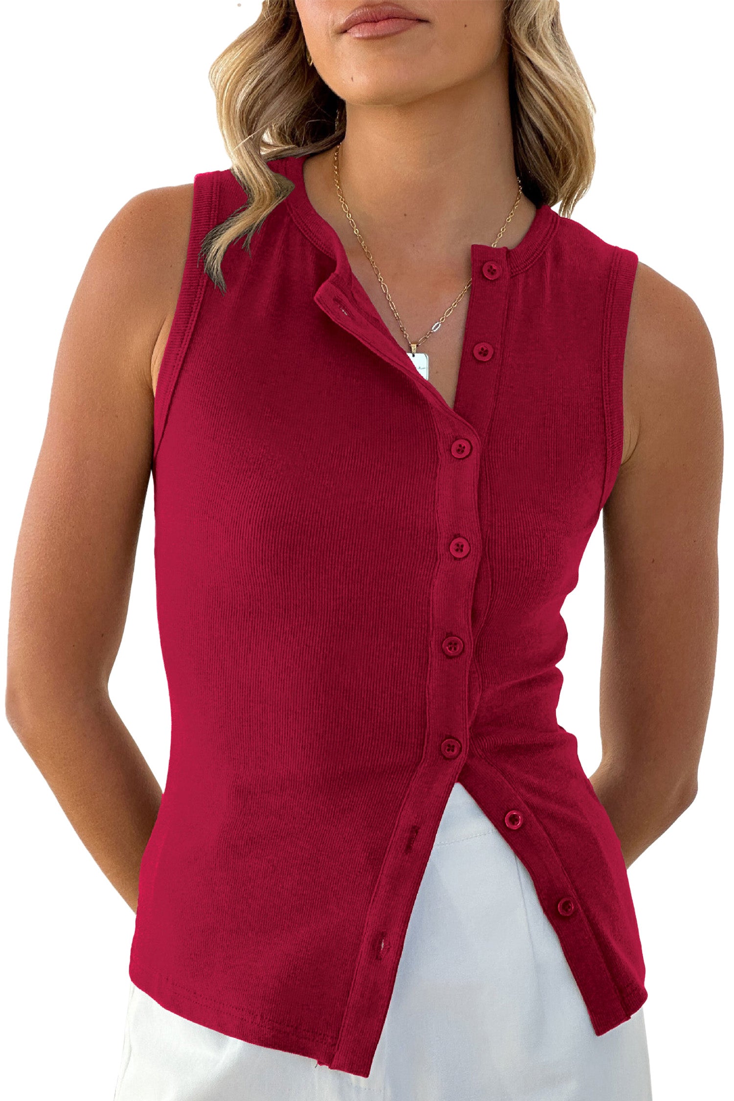 Cakulo Women Slim Fitted Summer Cardigan Sleeveless Button Down Shirt Ribbed Knit Tops