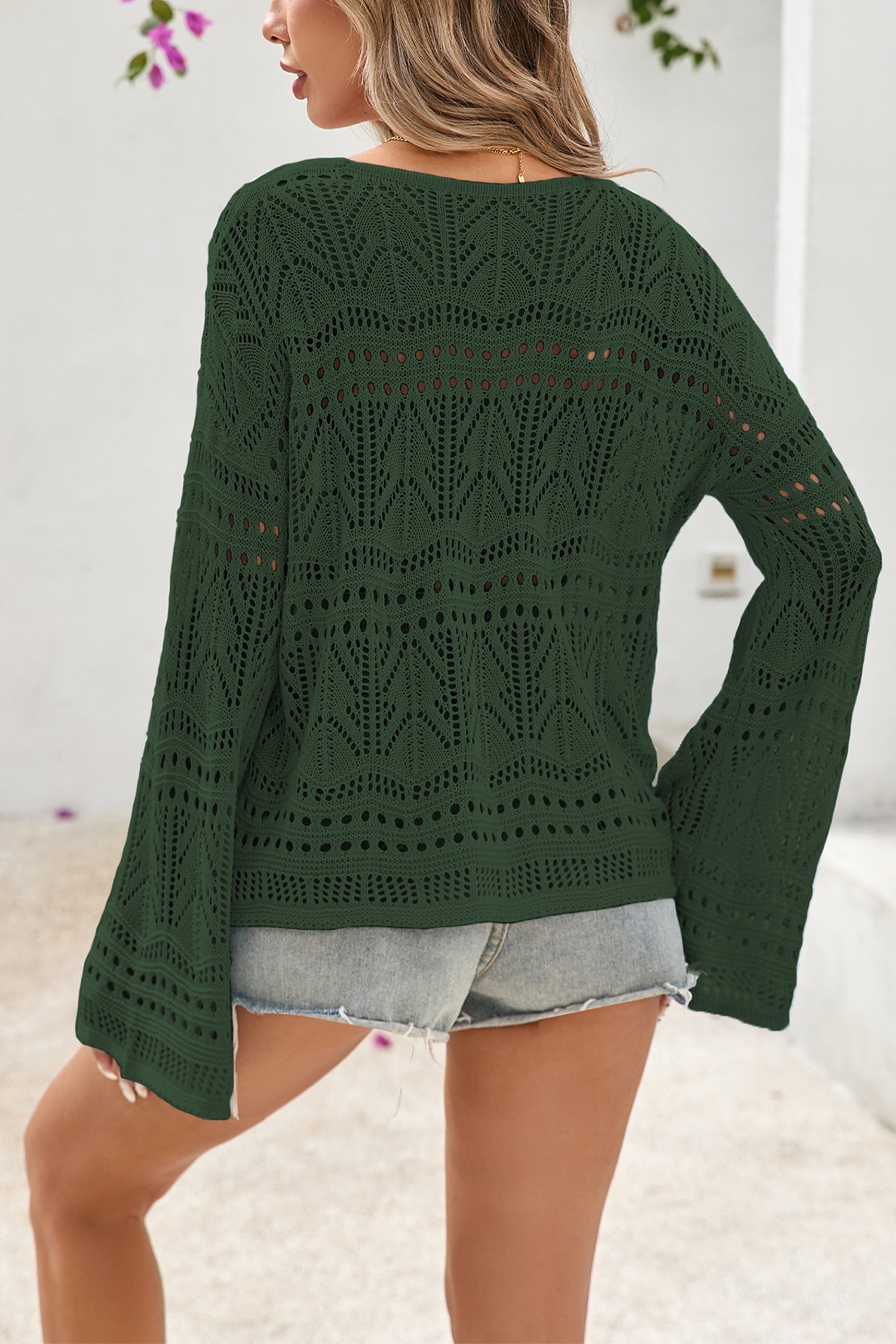 Cakulo Womens Crochet Bell Sleeve Tops Knit Sweater Beach Cover Up