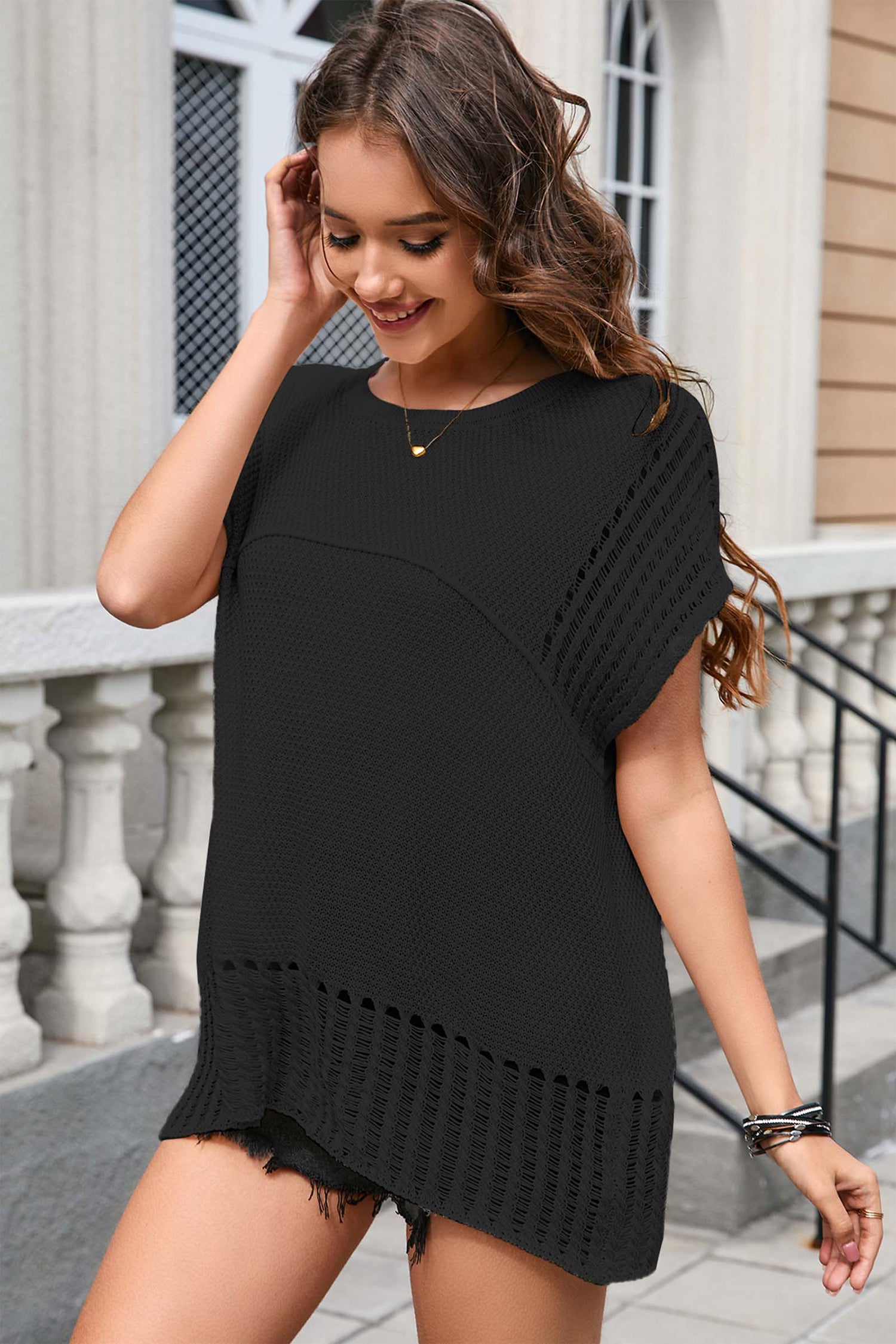 Cakulo Womens Summer Tops Crochet Short Sleeve Tunic Sweaters Waffle Knit Top 2025