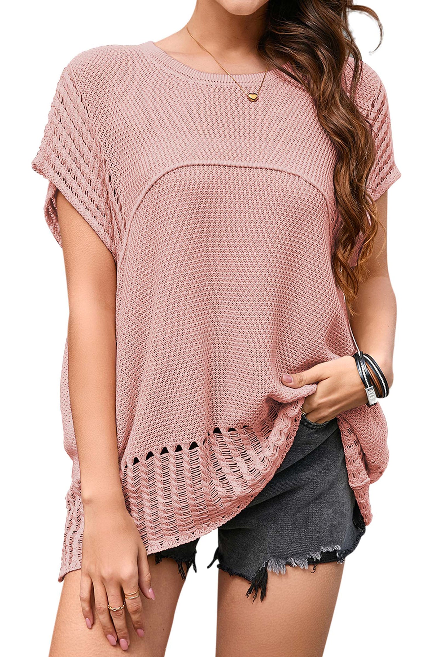 Cakulo Womens Summer Tops Crochet Short Sleeve Tunic Sweaters Waffle Knit Top 2025