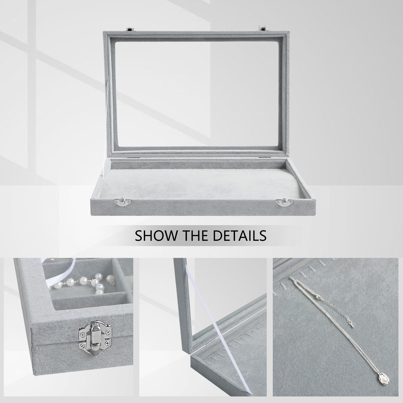 Velvet Jewelry Organizer Tray with Clear Lid Stores Bracelets Rings Earrings