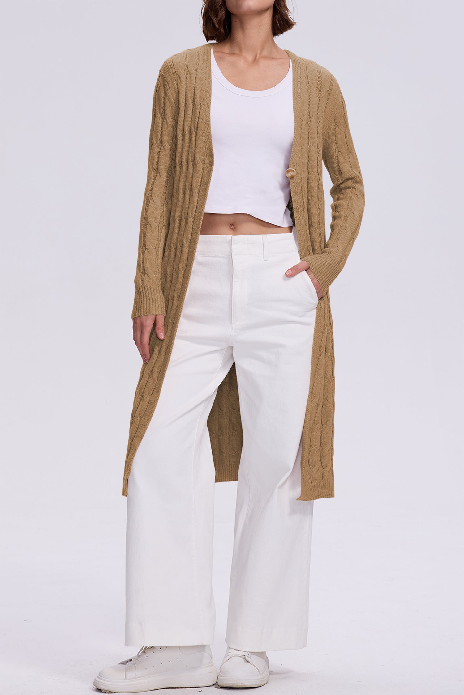 Cakulo Women's Long Cable Knit Front-Open Cardigan Sweater Coat