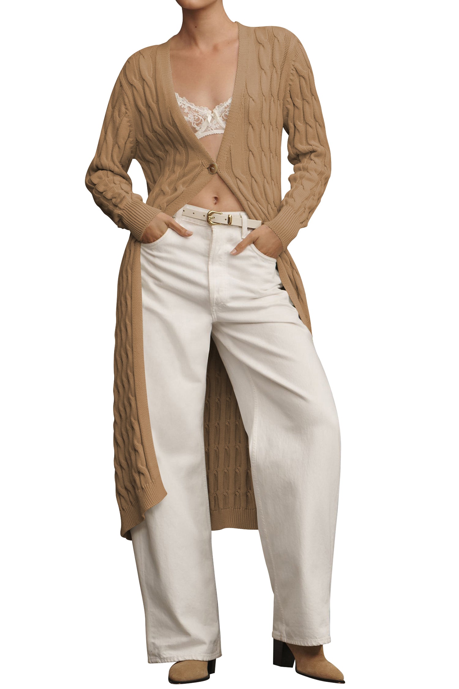 Cakulo Women's Long Cable Knit Front-Open Cardigan Sweater Coat