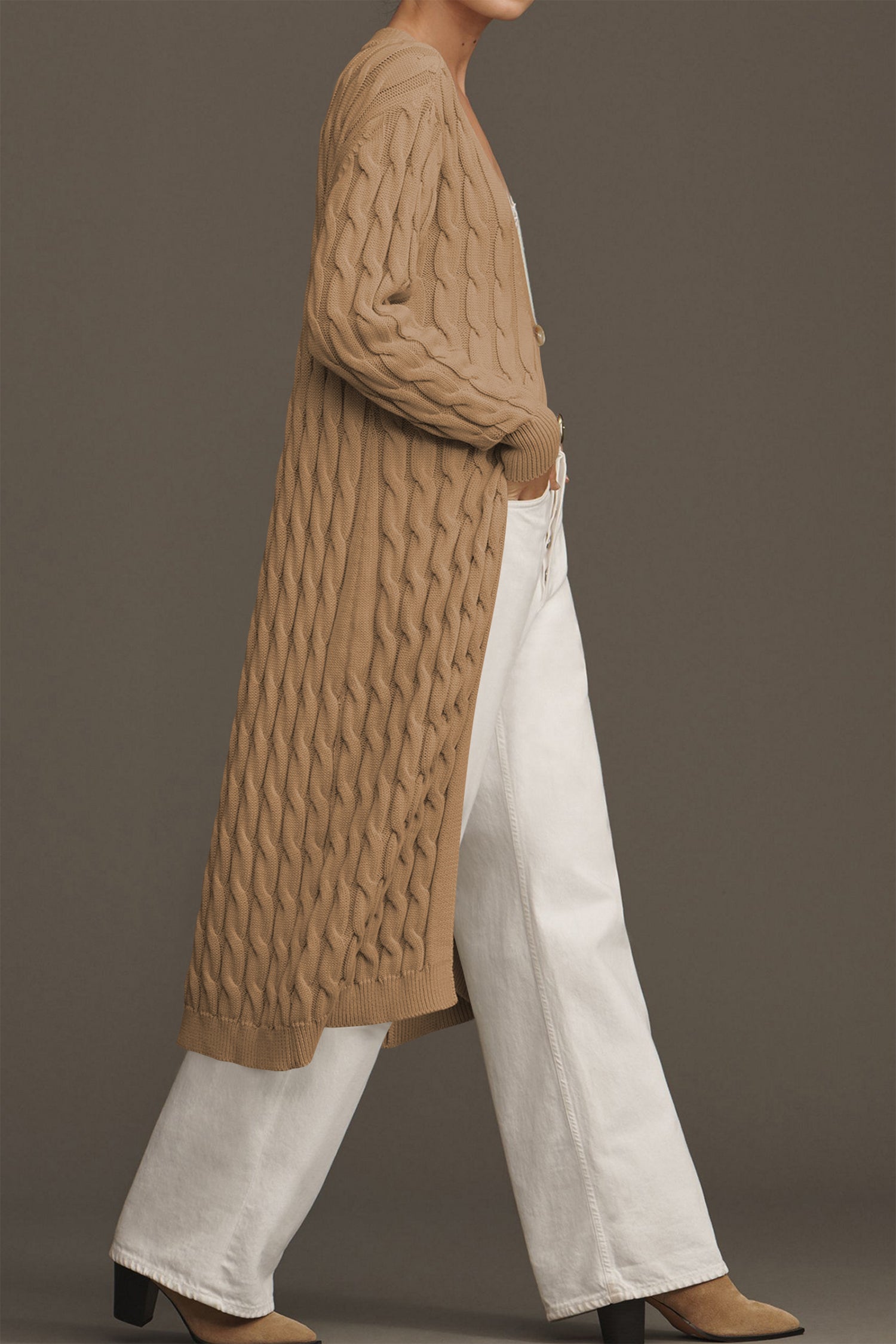 Cakulo Women's Long Cable Knit Front-Open Cardigan Sweater Coat