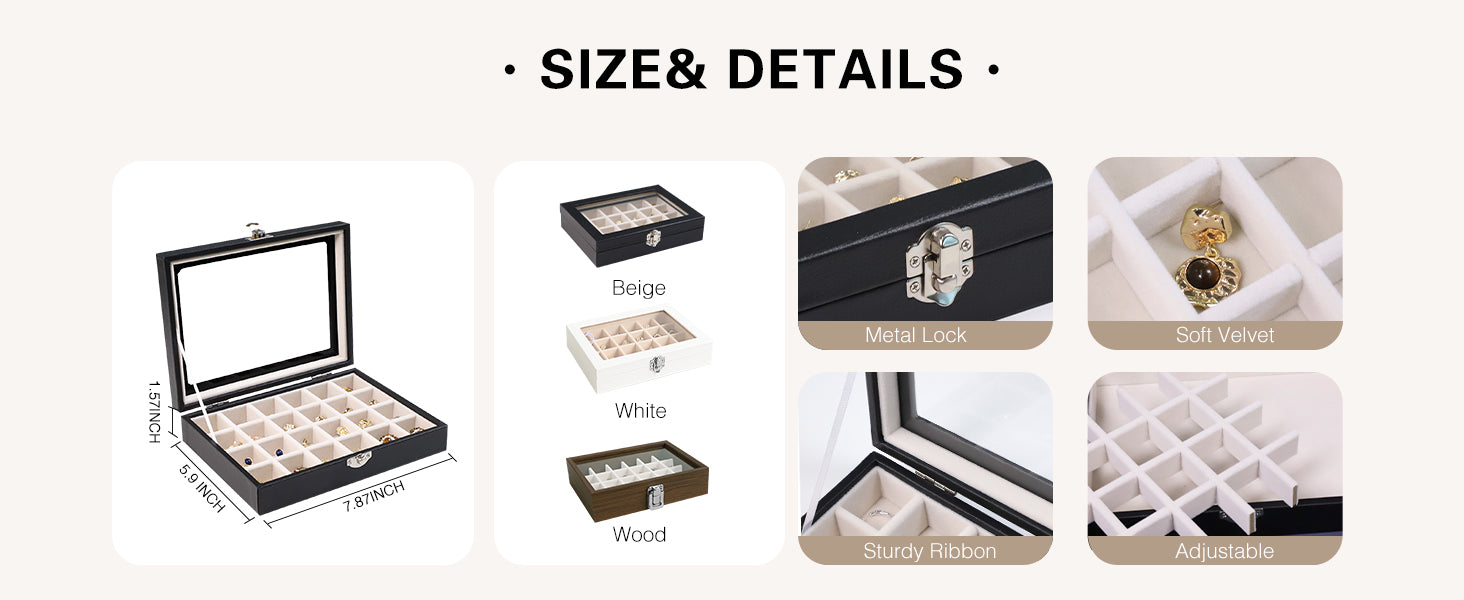 24 - Grid Jewelry Organizer Velvet Tray with Clear Lid Ring Earring Storage