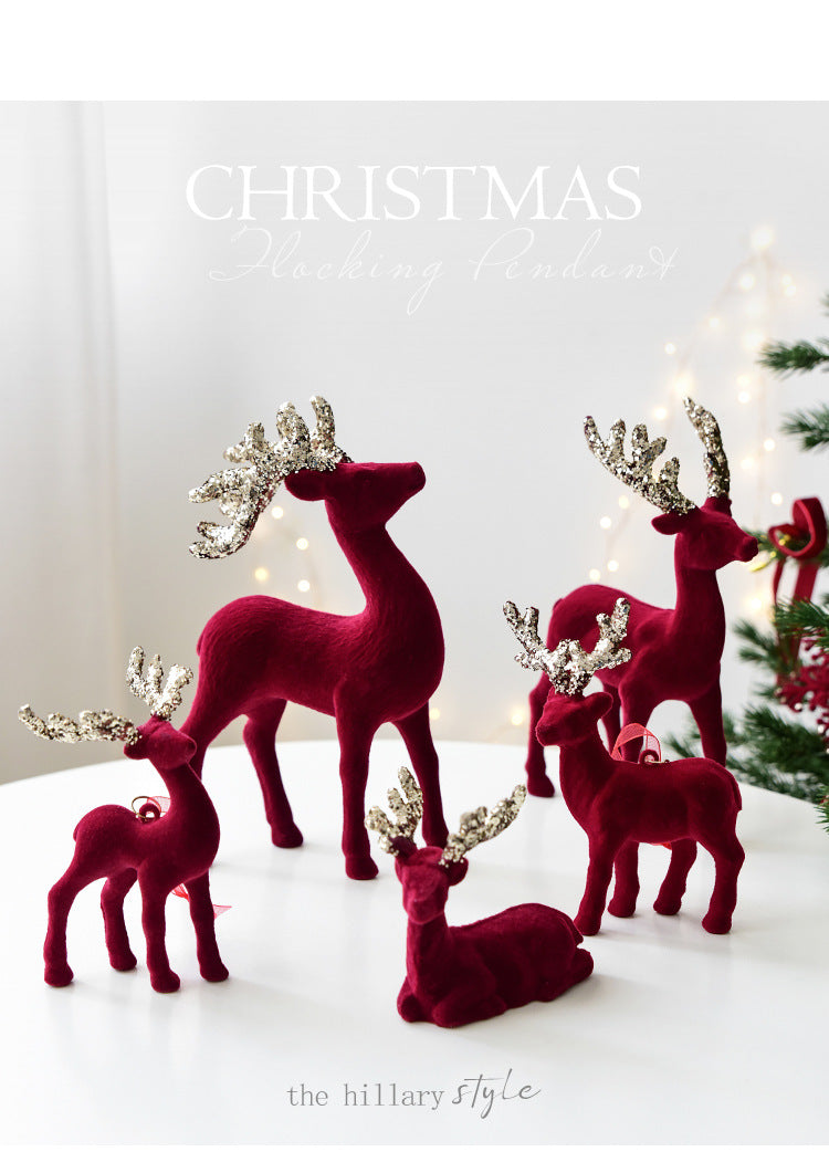 Christmas Decoration Reindeer Desktop Ornament Christmas Tree Decoration Hanging Decoration Glitter Wine Red Flocked Reindeer Pendant