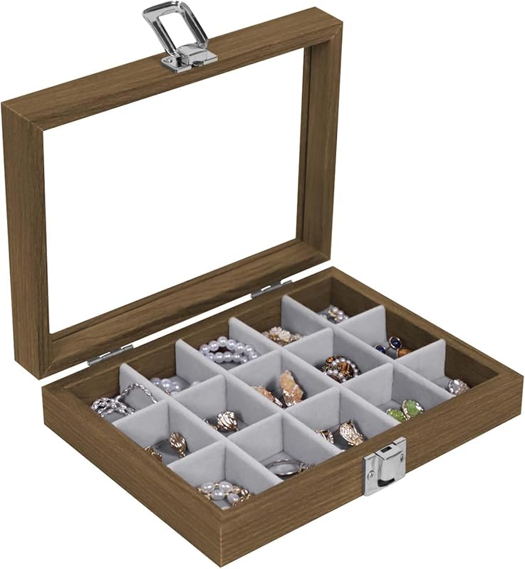 Wood Ring Box Glass Lid Metal Clasp Velvet Lining – Jewelry Storage Display Tray