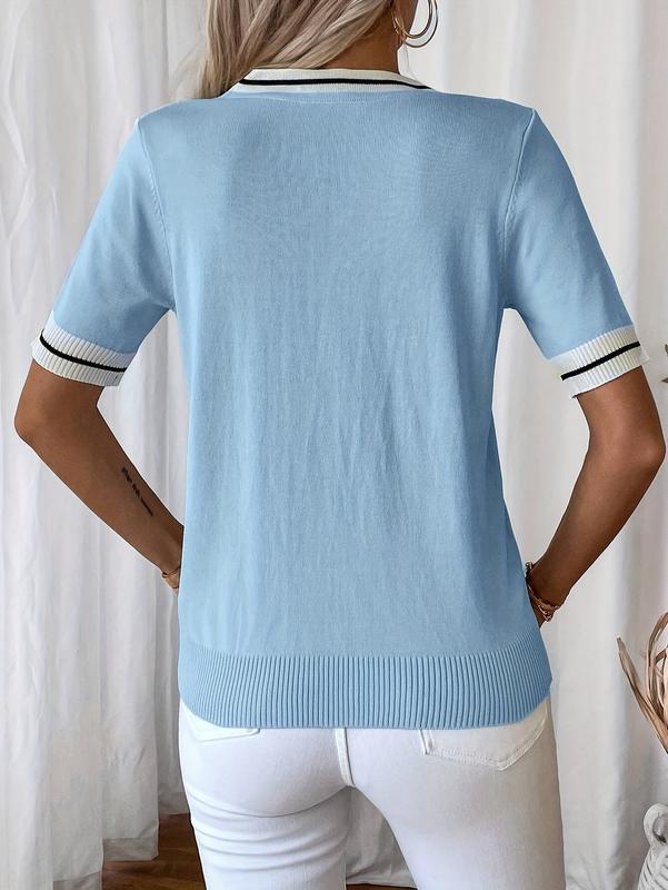 Cakulo FallFreshness Women's Knitted Top - Blue V-Neck Short Sleeves with Contrasting Colors & Thin Edges for Everyday Elegance Casual Blouses Shirts