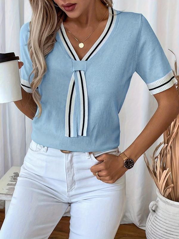 Cakulo FallFreshness Women's Knitted Top - Blue V-Neck Short Sleeves with Contrasting Colors & Thin Edges for Everyday Elegance Casual Blouses Shirts